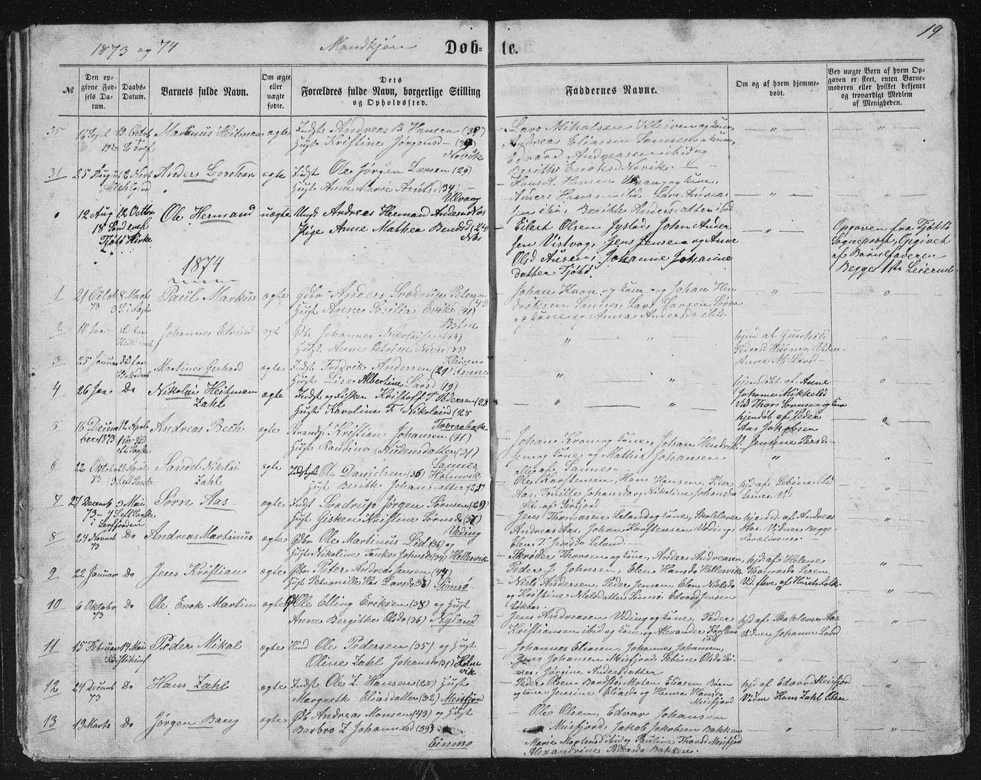 Ministerialprotokoller, klokkerbøker og fødselsregistre - Nordland, AV/SAT-A-1459/831/L0476: Parish register (copy) no. 831C03, 1866-1877, p. 19