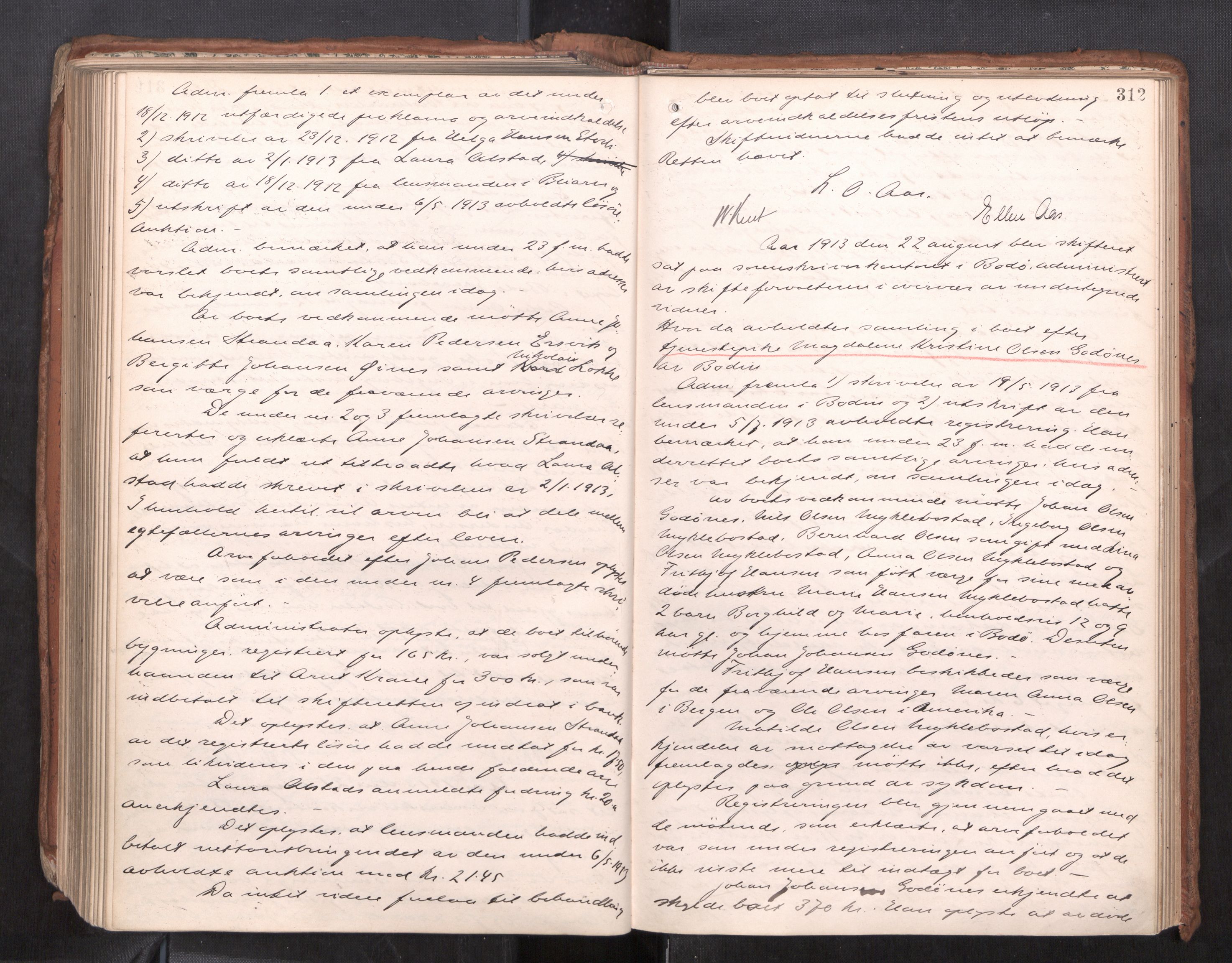 Salten sorenskriveri, AV/SAT-A-4578/1/3/3B/L0012: Skiftebehandlingsprotokoll, 1910-1915, p. 312