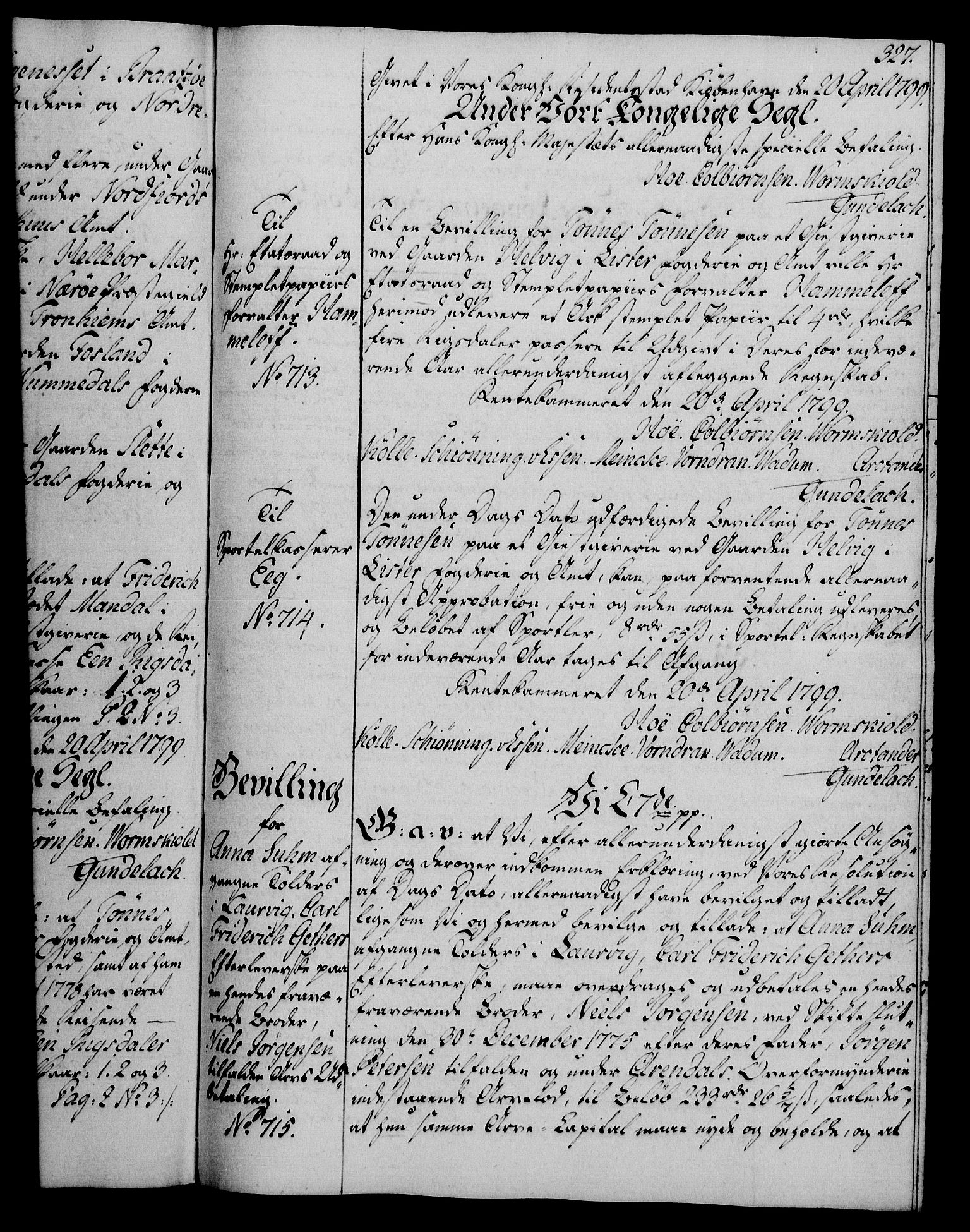 Rentekammeret, Kammerkanselliet, AV/RA-EA-3111/G/Gg/Gga/L0016: Norsk ekspedisjonsprotokoll med register (merket RK 53.16), 1794-1800, p. 327