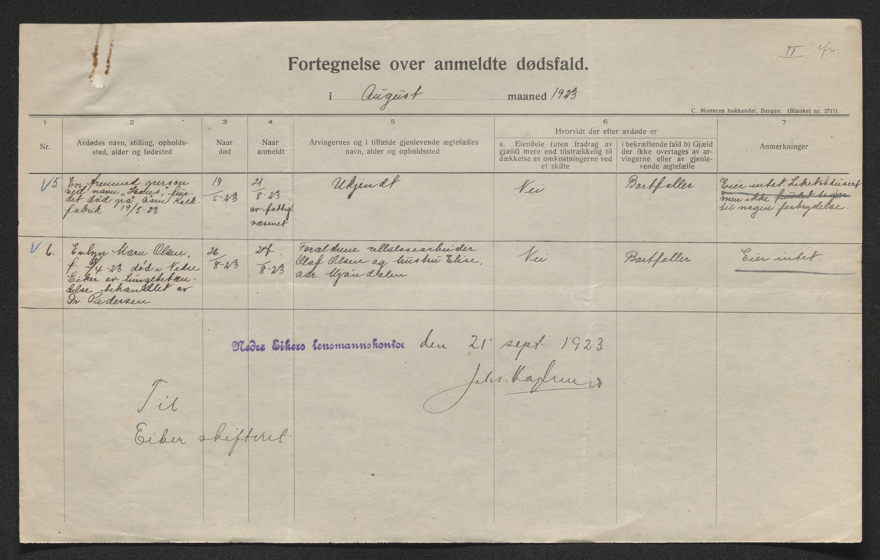 Eiker, Modum og Sigdal sorenskriveri, AV/SAKO-A-123/H/Ha/Hab/L0041: Dødsfallsmeldinger, 1922-1923, p. 834