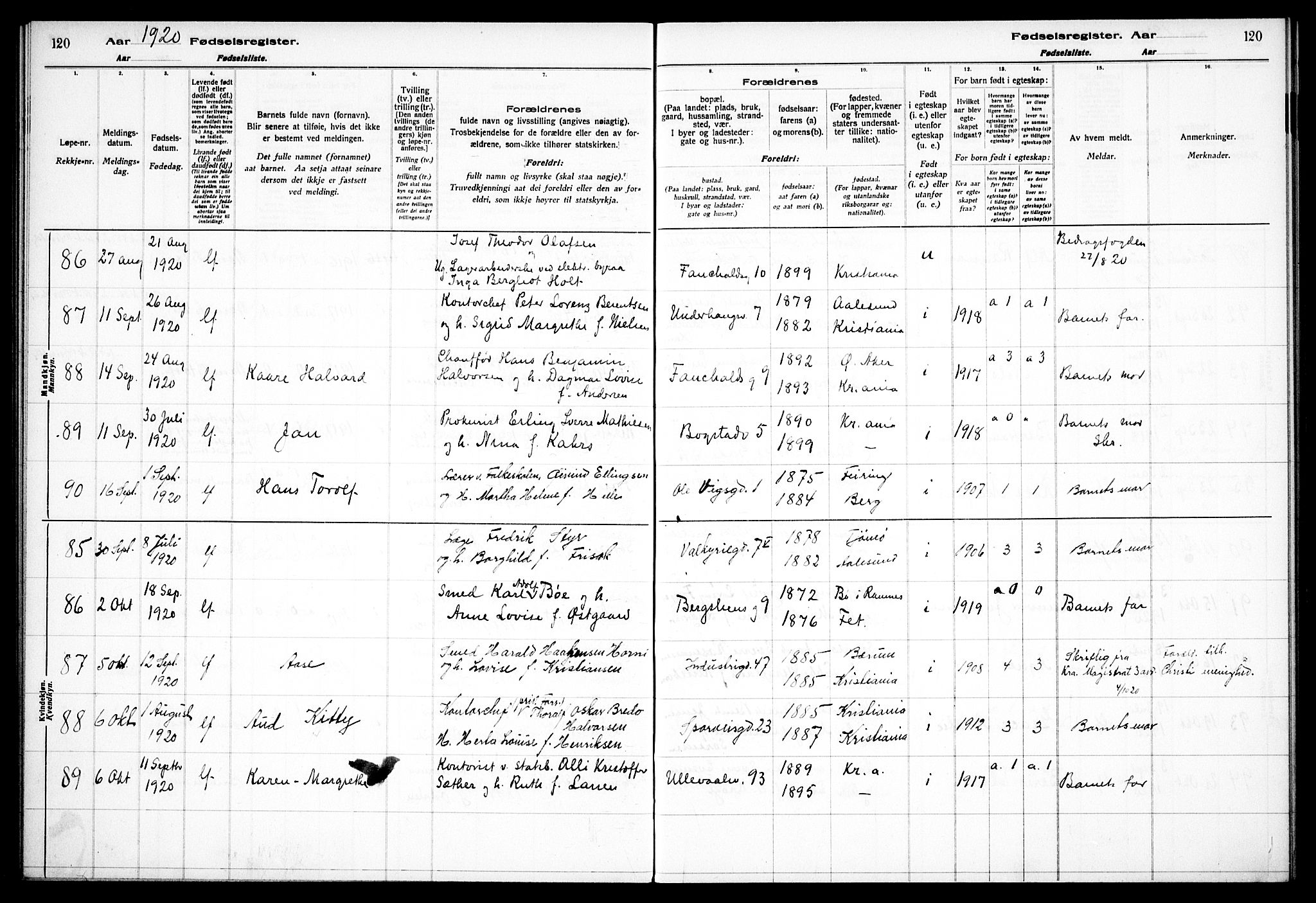 Fagerborg prestekontor Kirkebøker, SAO/A-10844/J/Ja/L0001: Birth register no. 1, 1916-1925, p. 120