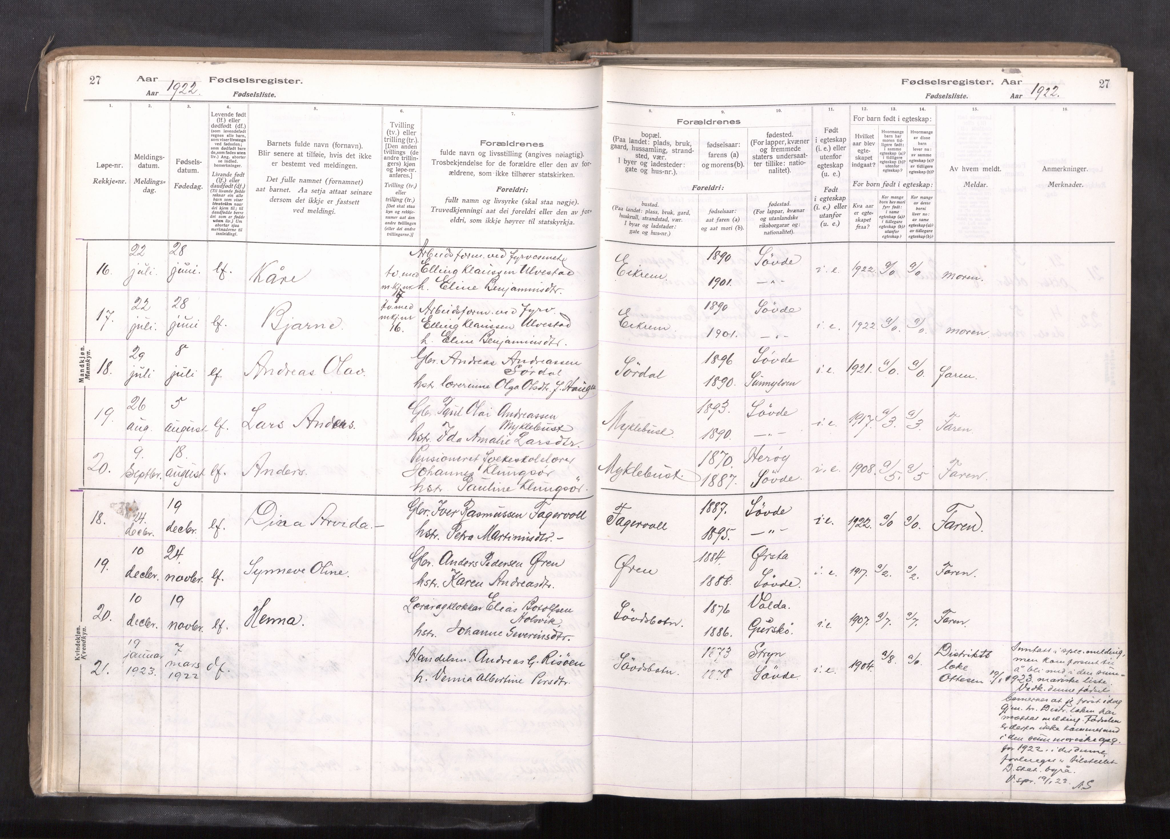 Ministerialprotokoller, klokkerbøker og fødselsregistre - Møre og Romsdal, AV/SAT-A-1454/502/L0031: Birth register no. 502---, 1916-1968, p. 27