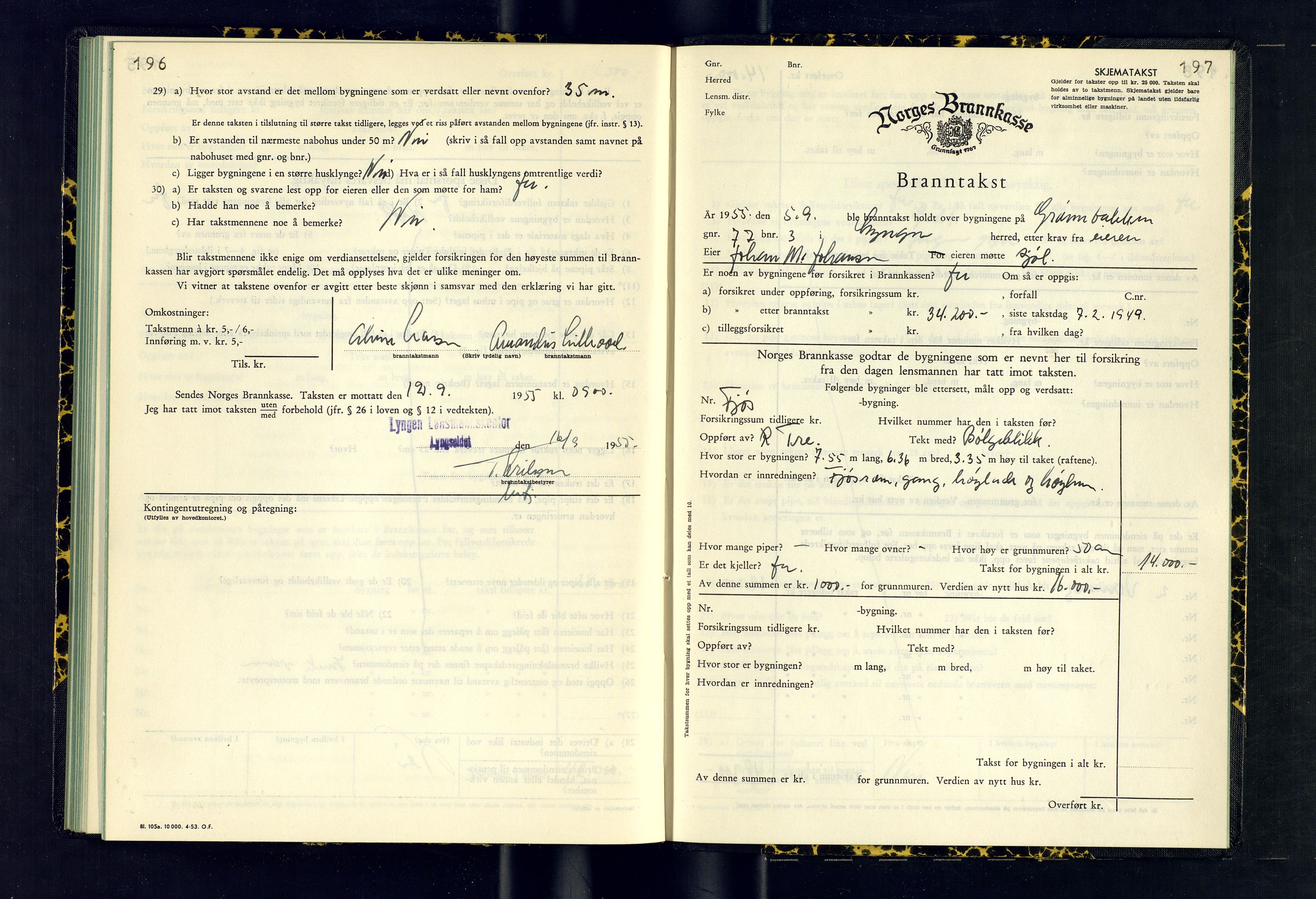 Lyngen lensmannskontor, AV/SATØ-SATO-99/F/Fm/Fmb/L0143: Branntakstprotokoller, 1954-1955, p. 196-197