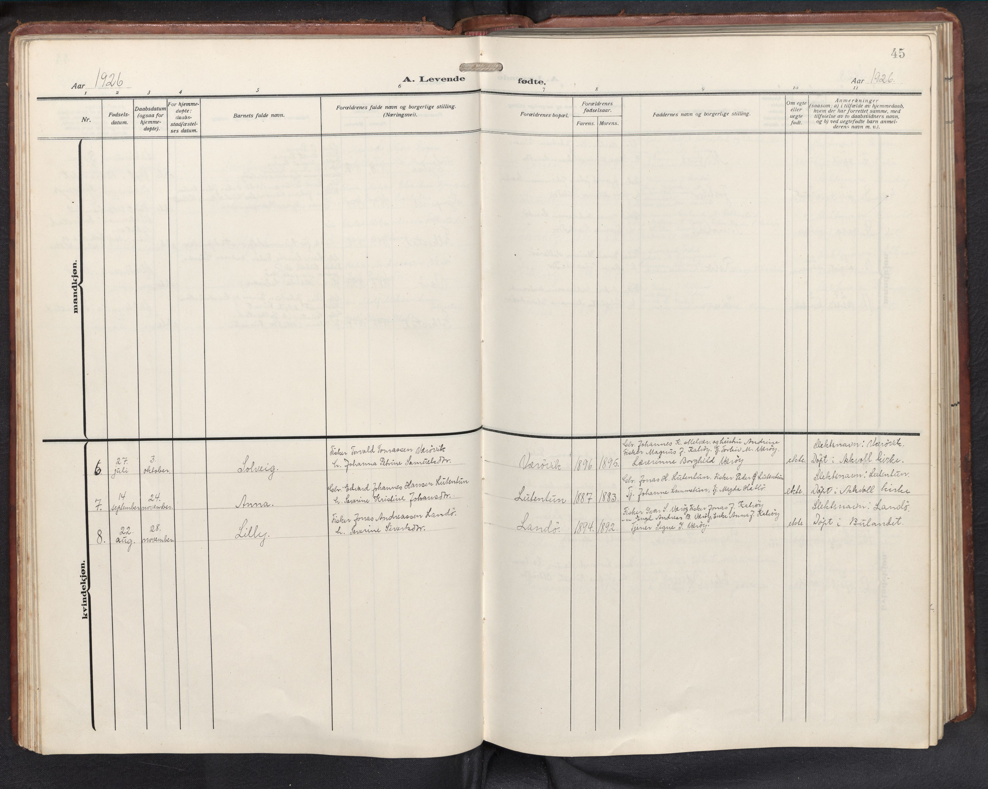Askvoll sokneprestembete, AV/SAB-A-79501/H/Hab/Habb/L0002: Parish register (copy) no. B 2, 1910-1947, p. 44b-45a