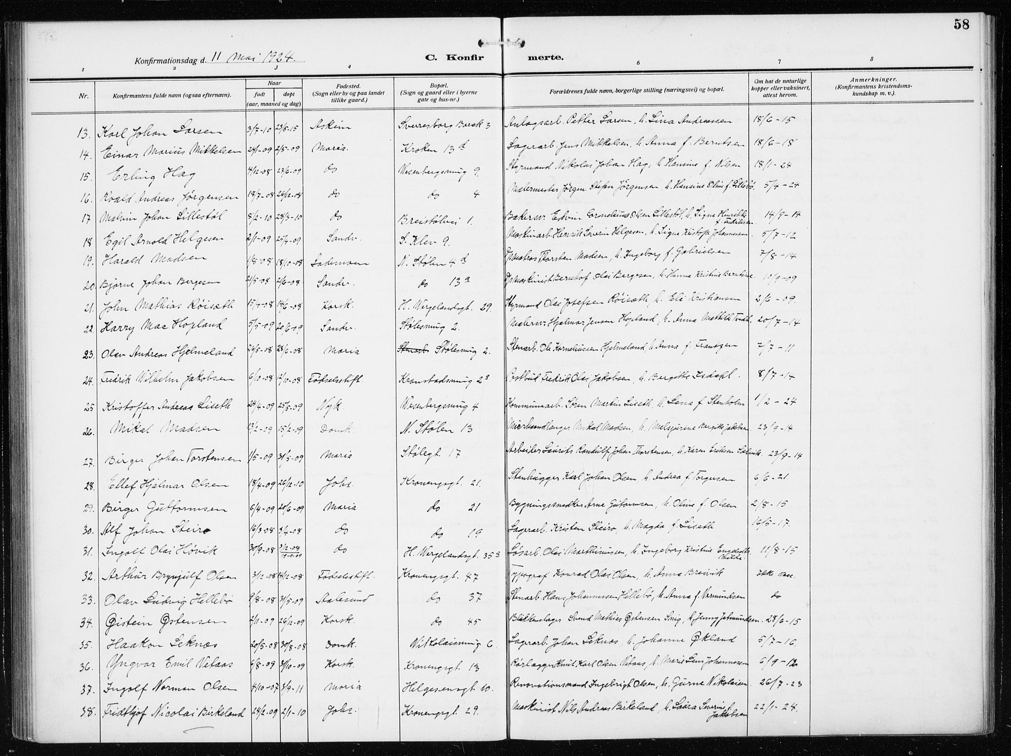 Mariakirken Sokneprestembete, AV/SAB-A-76901/H/Haa/L0015: Parish register (official) no. C 3, 1913-1927, p. 58