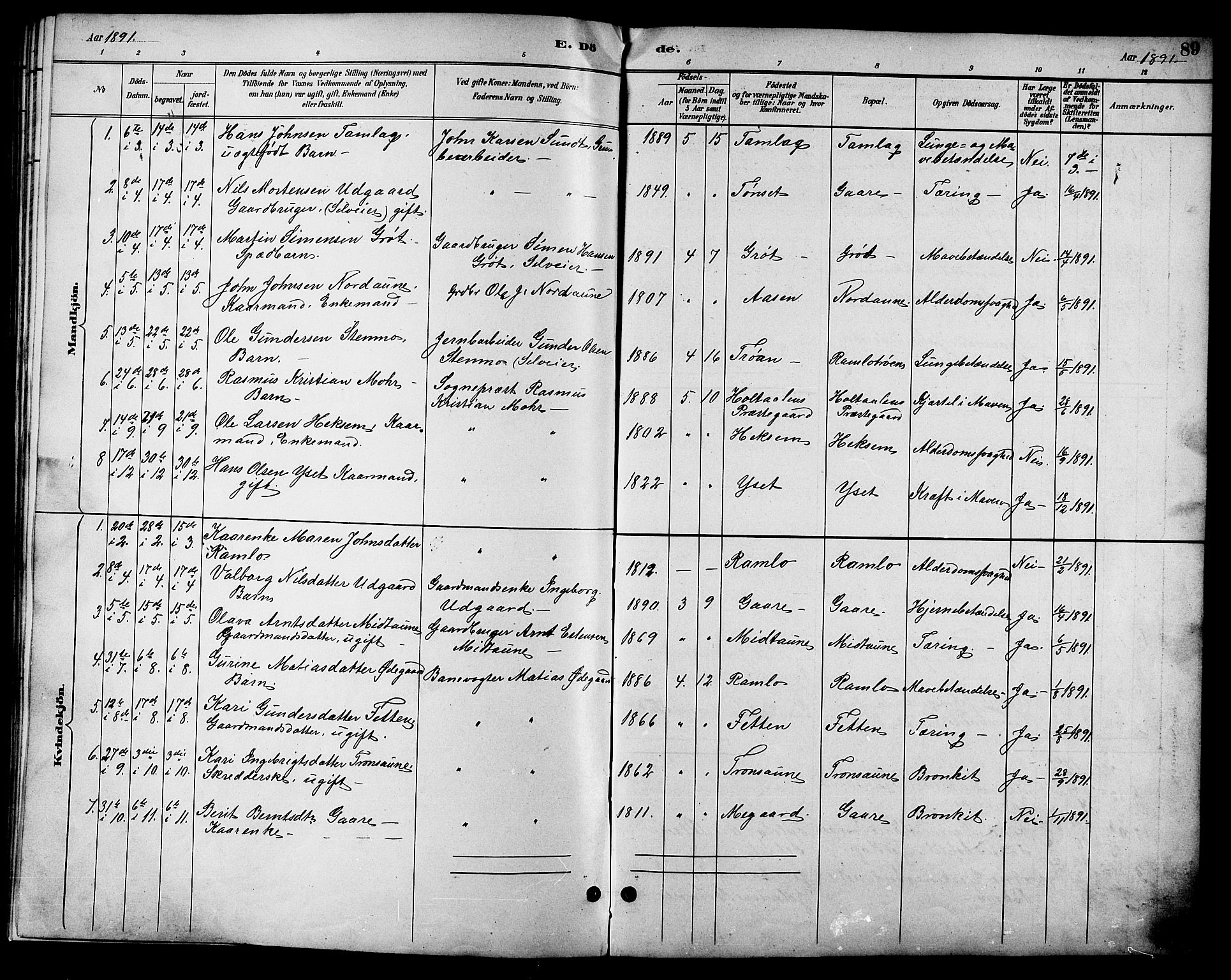 Ministerialprotokoller, klokkerbøker og fødselsregistre - Sør-Trøndelag, AV/SAT-A-1456/685/L0978: Parish register (copy) no. 685C03, 1891-1907, p. 89