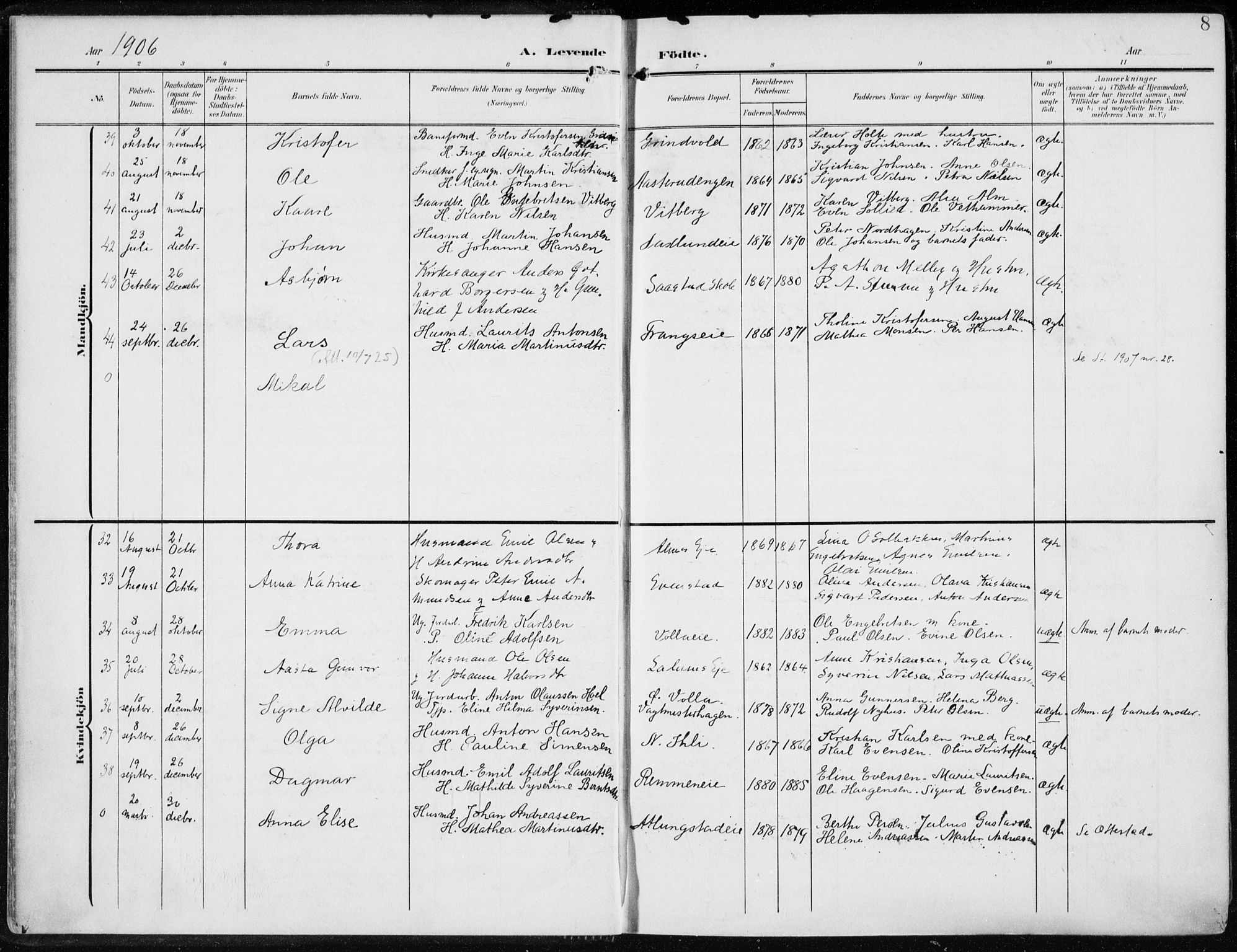 Stange prestekontor, AV/SAH-PREST-002/K/L0024: Parish register (official) no. 24, 1906-1922, p. 8