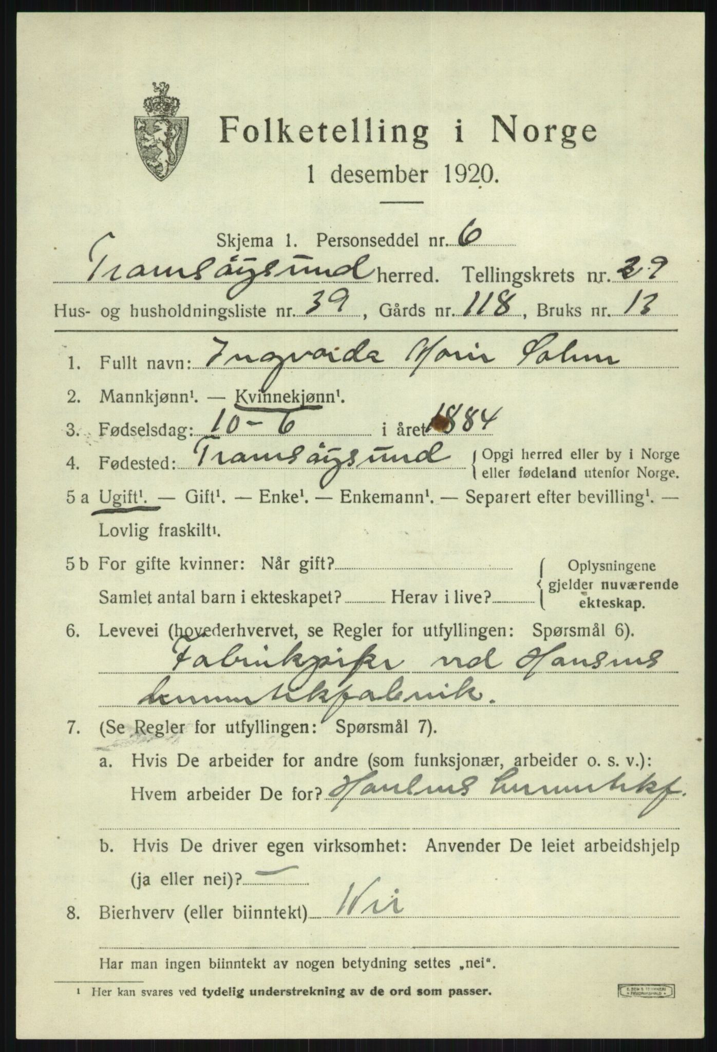 SATØ, 1920 census for Tromsøysund, 1920, p. 13826