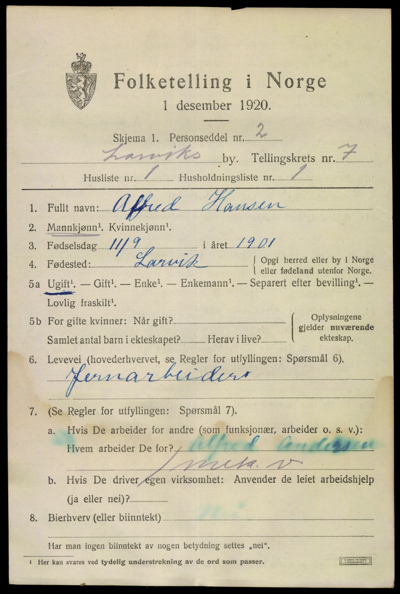 SAKO, 1920 census for Larvik, 1920, p. 20680