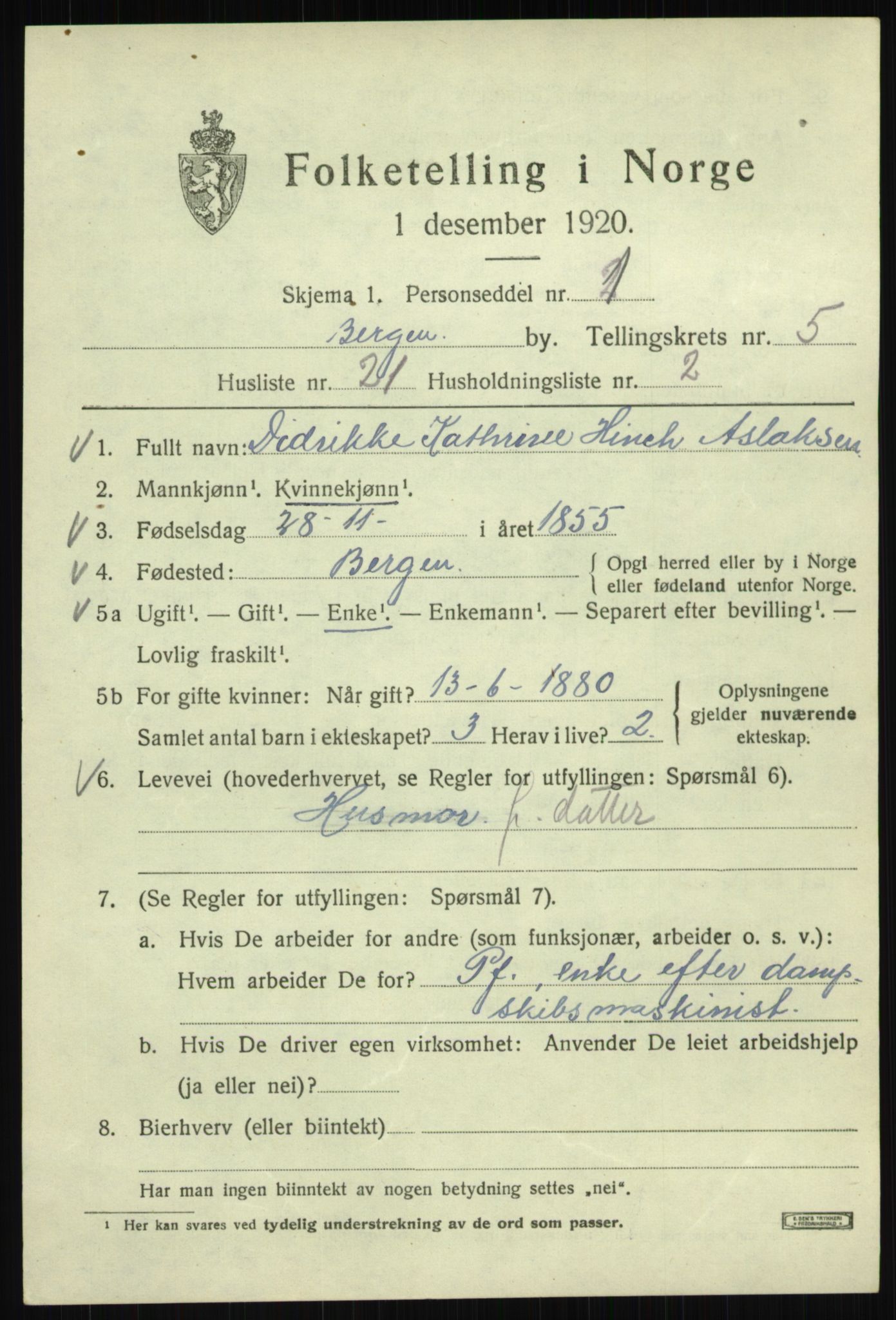 SAB, 1920 census for Bergen, 1920, p. 65332