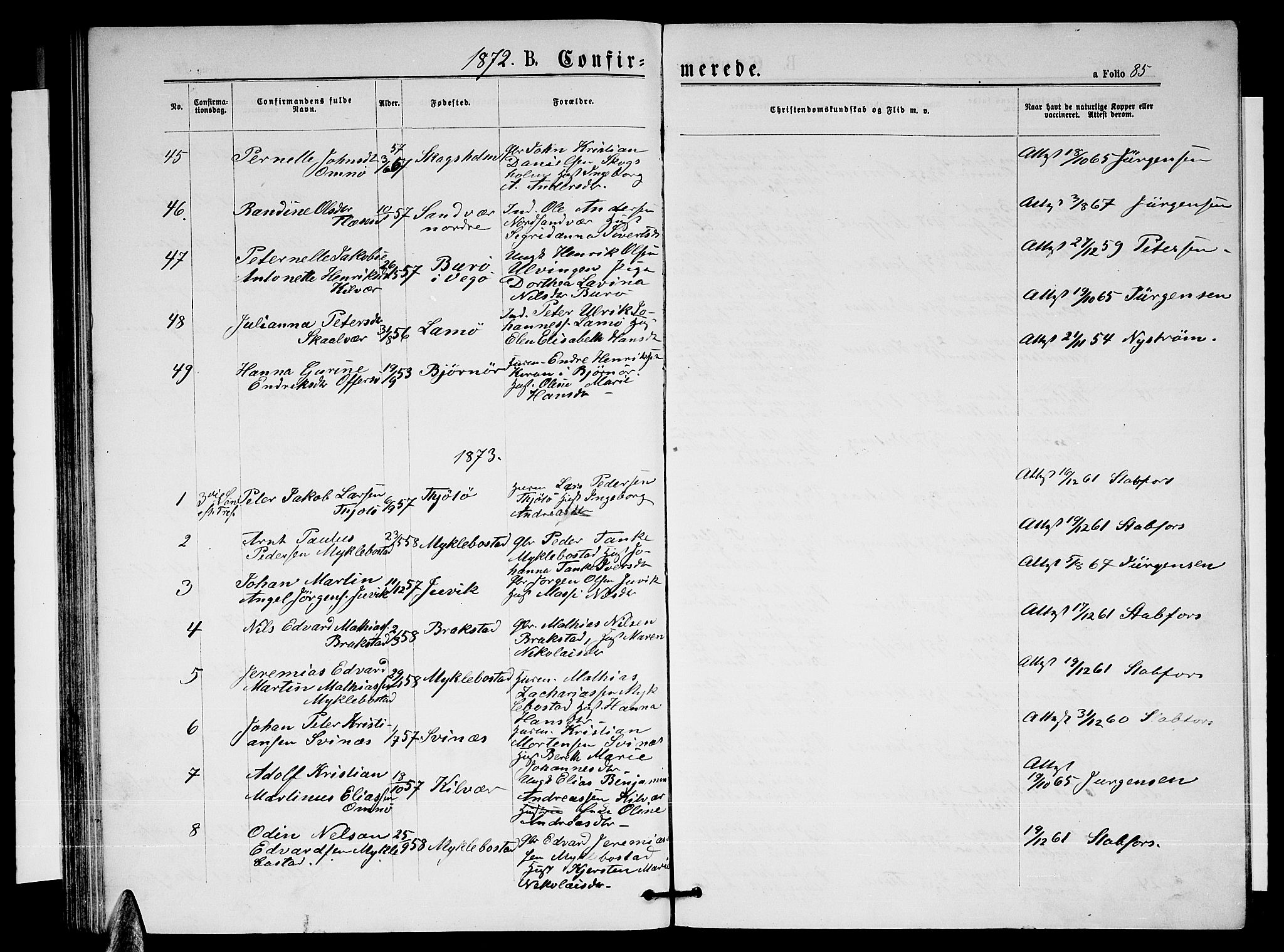 Ministerialprotokoller, klokkerbøker og fødselsregistre - Nordland, AV/SAT-A-1459/817/L0267: Parish register (copy) no. 817C02, 1870-1883, p. 85