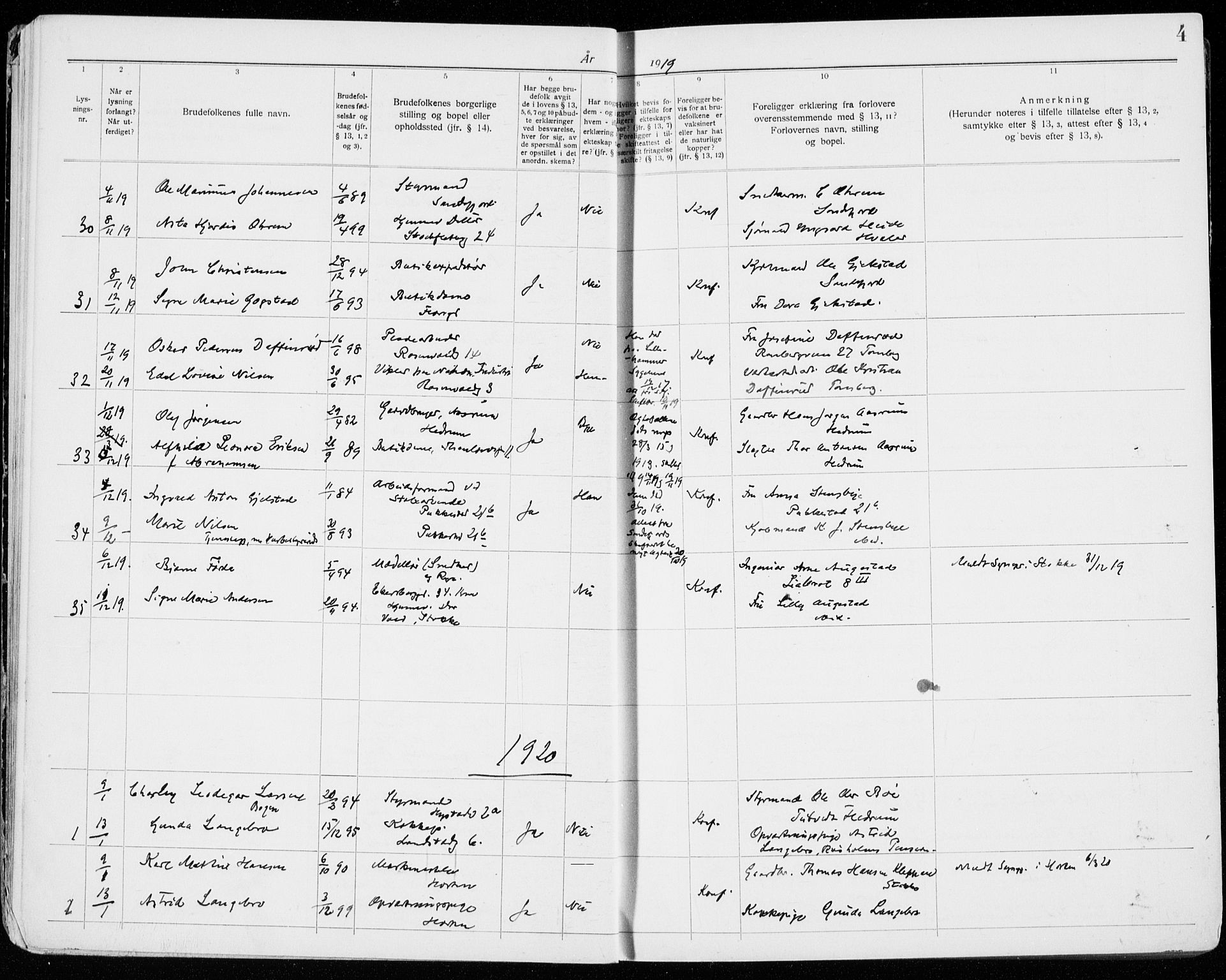 Sandefjord kirkebøker, AV/SAKO-A-315/H/Ha/L0001: Banns register no. 1, 1919-1939, p. 4