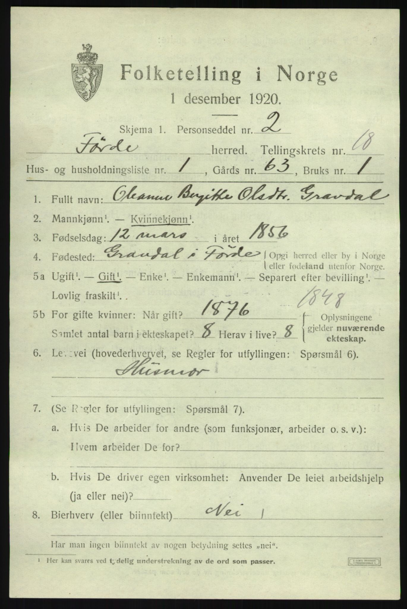 SAB, 1920 census for Førde, 1920, p. 6450