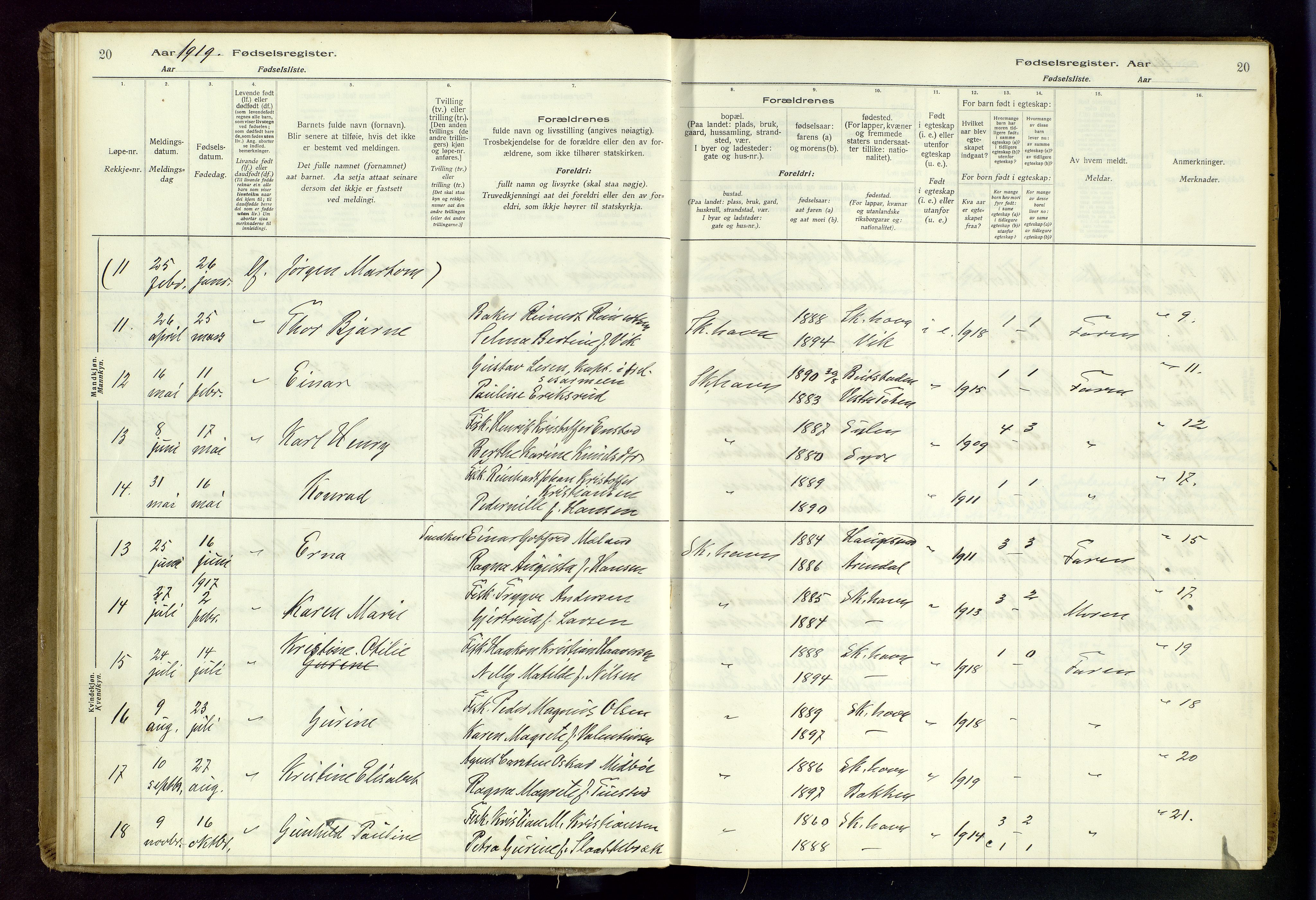 Skudenes sokneprestkontor, SAST/A -101849/I/Id/L0003: Birth register no. 3, 1916-1964, p. 20