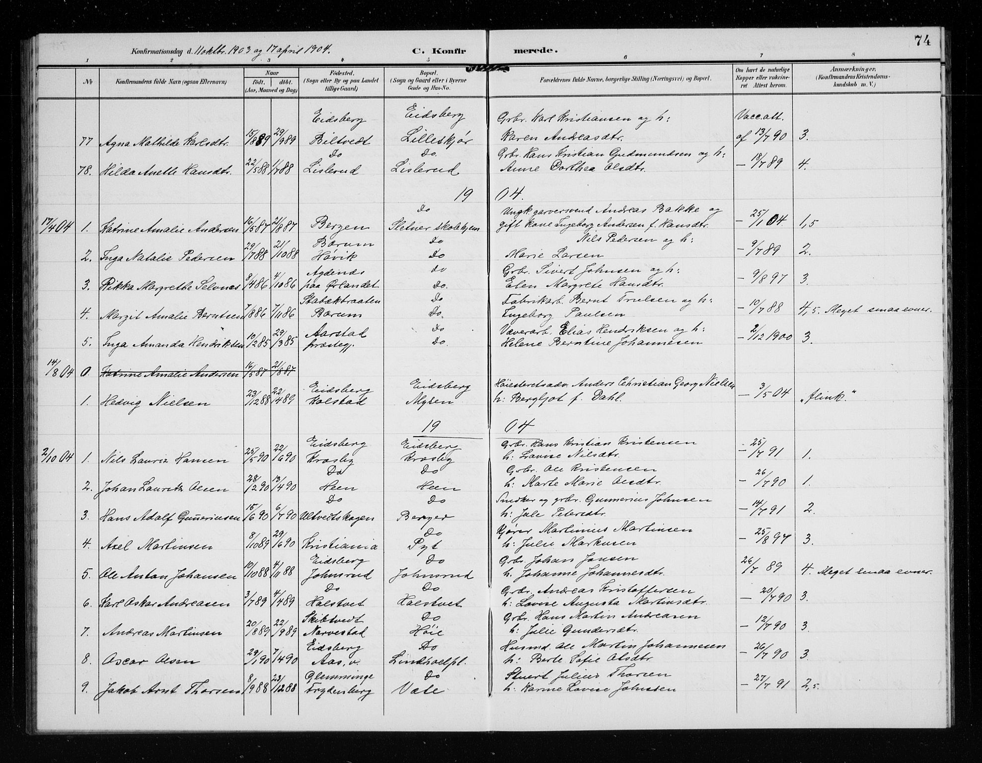 Eidsberg prestekontor Kirkebøker, AV/SAO-A-10905/G/Ga/L0002: Parish register (copy) no. I 2, 1903-1913, p. 74