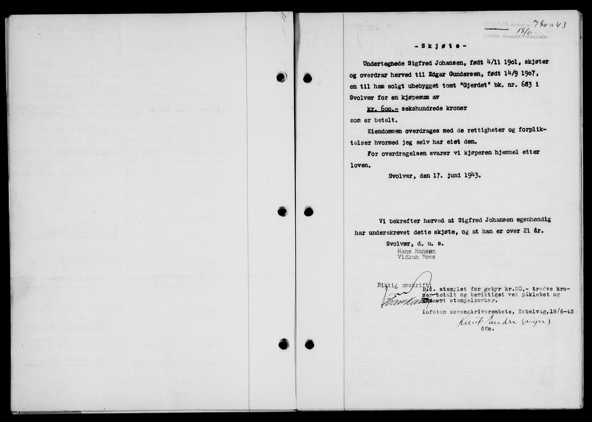 Lofoten sorenskriveri, SAT/A-0017/1/2/2C/L0011a: Mortgage book no. 11a, 1943-1943, Diary no: : 780/1943