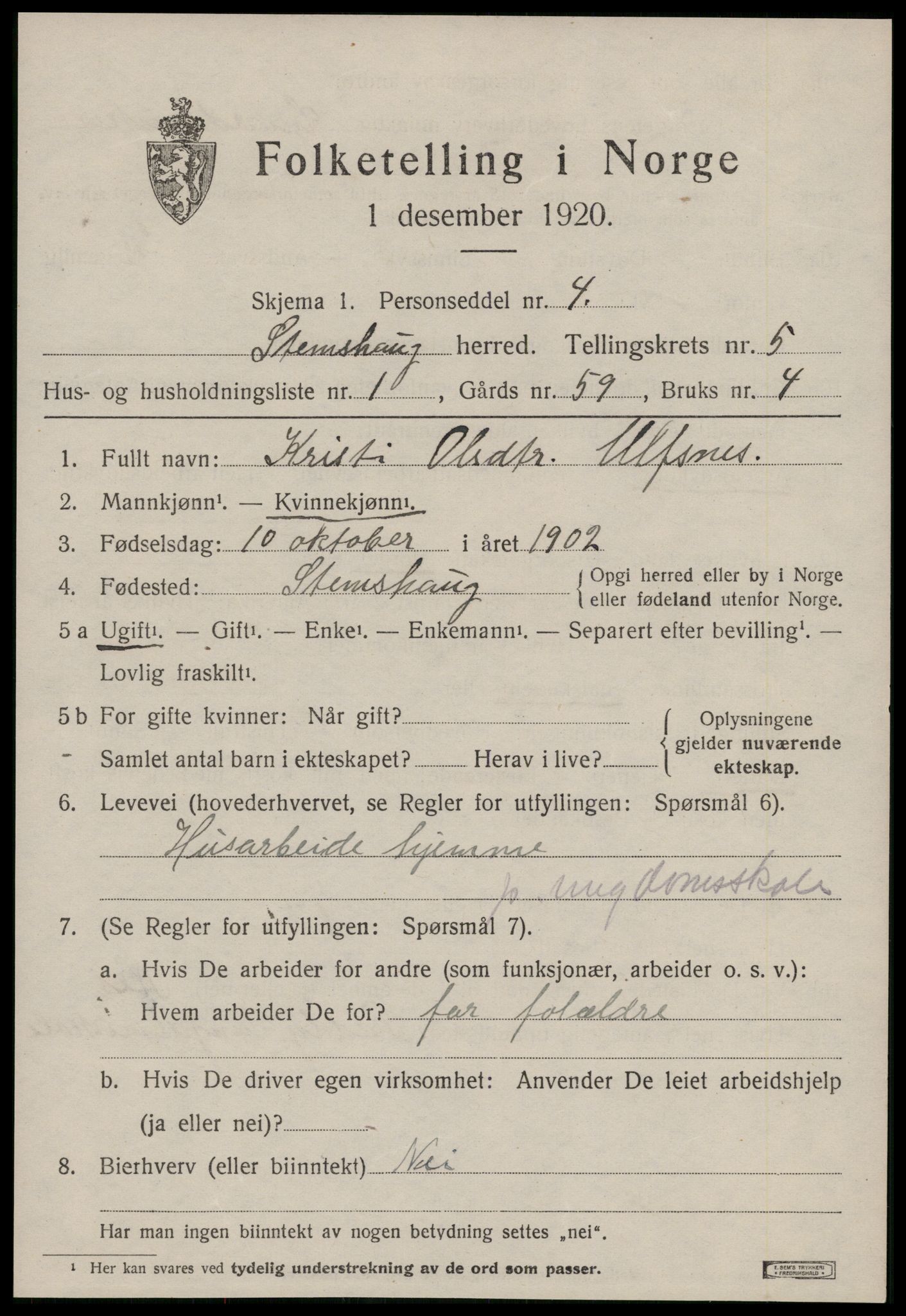 SAT, 1920 census for Stemshaug, 1920, p. 1898