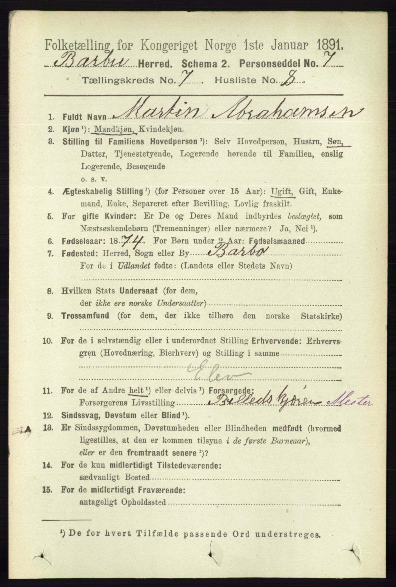 RA, 1891 census for 0990 Barbu, 1891, p. 5095