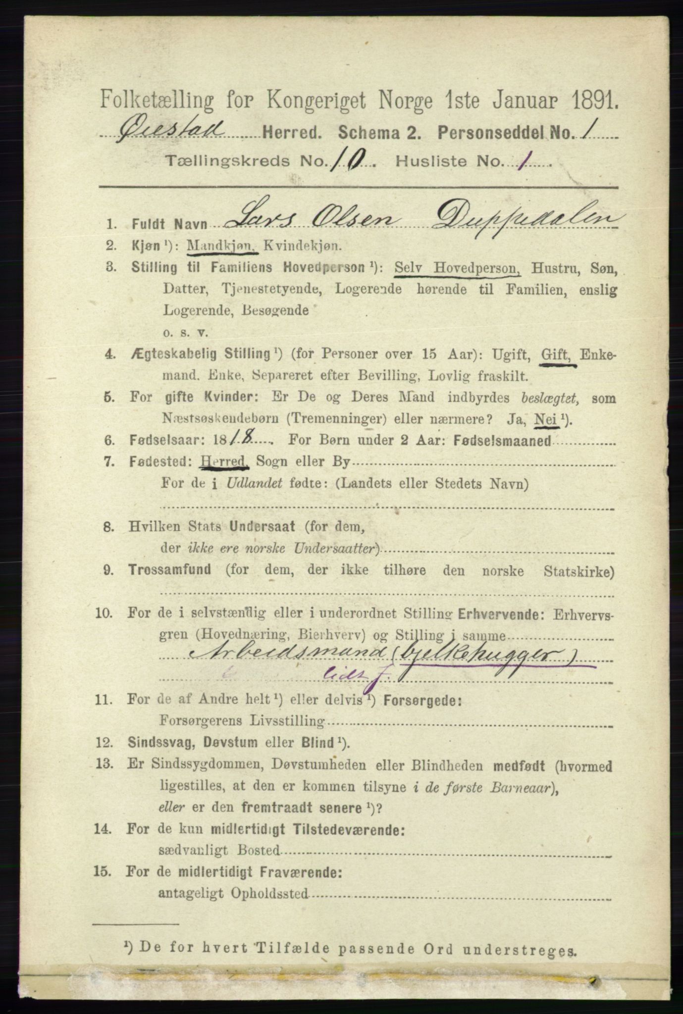 RA, 1891 census for 0920 Øyestad, 1891, p. 4167