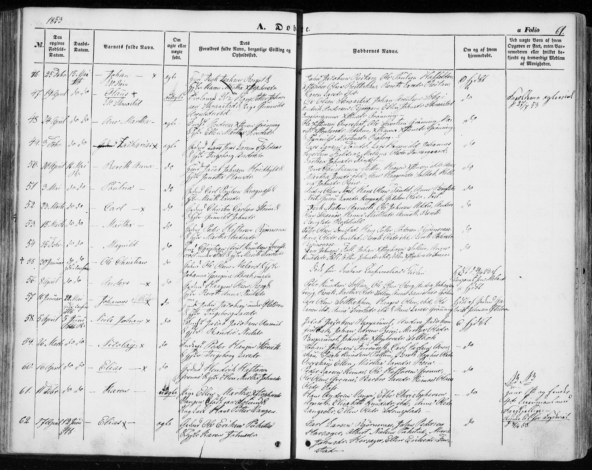 Ministerialprotokoller, klokkerbøker og fødselsregistre - Sør-Trøndelag, AV/SAT-A-1456/646/L0611: Parish register (official) no. 646A09, 1848-1857, p. 61