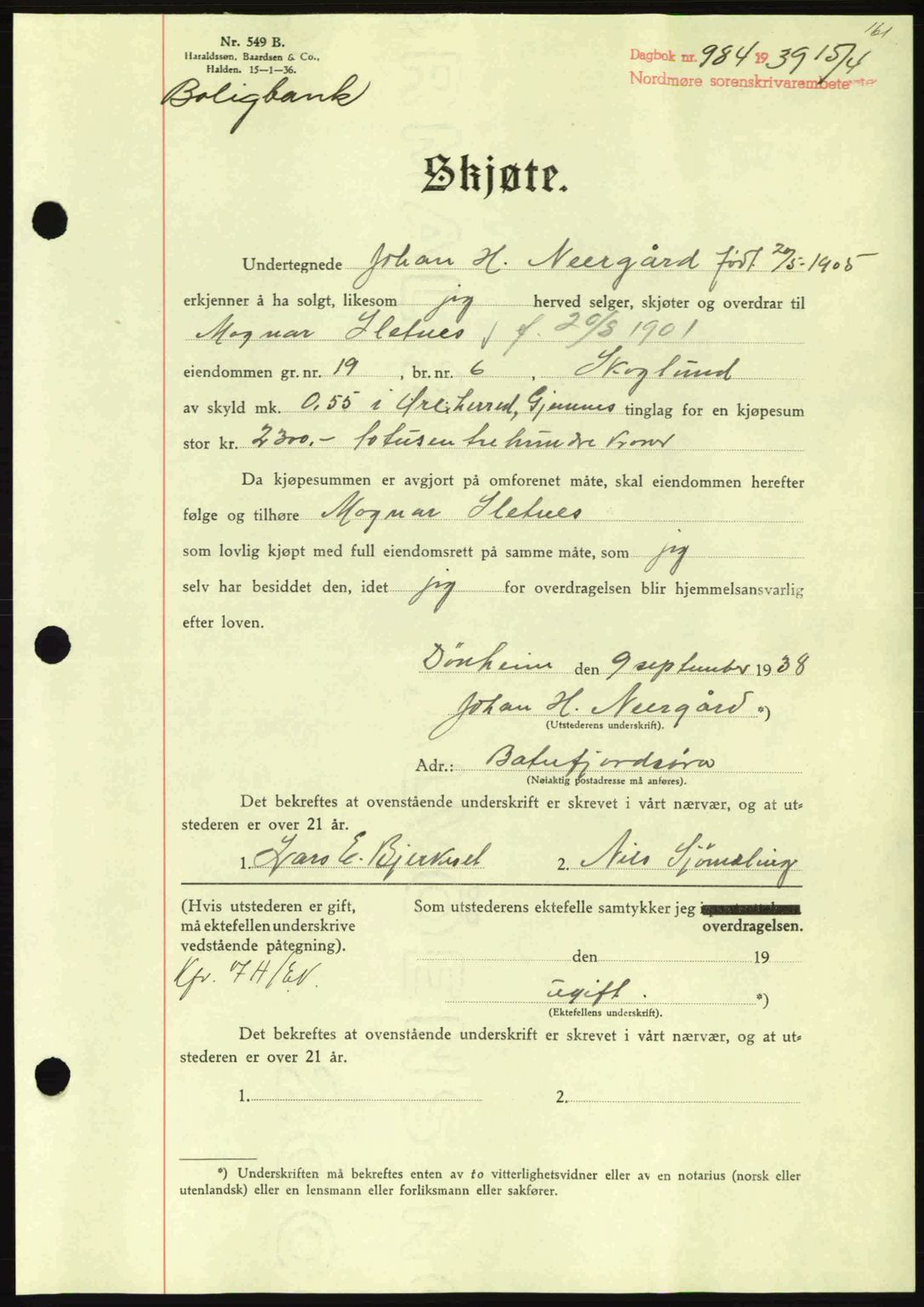 Nordmøre sorenskriveri, AV/SAT-A-4132/1/2/2Ca: Mortgage book no. A86, 1939-1939, Diary no: : 984/1939