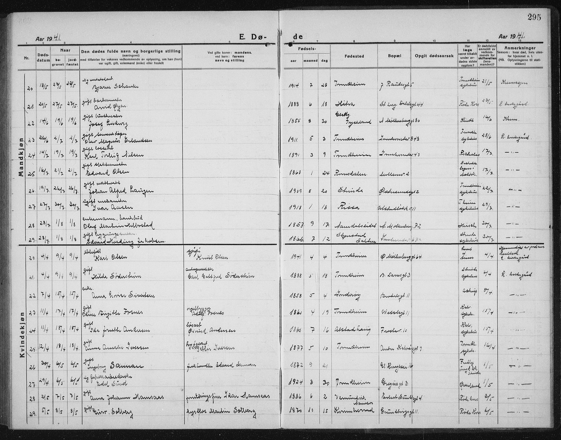 Ministerialprotokoller, klokkerbøker og fødselsregistre - Sør-Trøndelag, AV/SAT-A-1456/605/L0260: Parish register (copy) no. 605C07, 1922-1942, p. 295