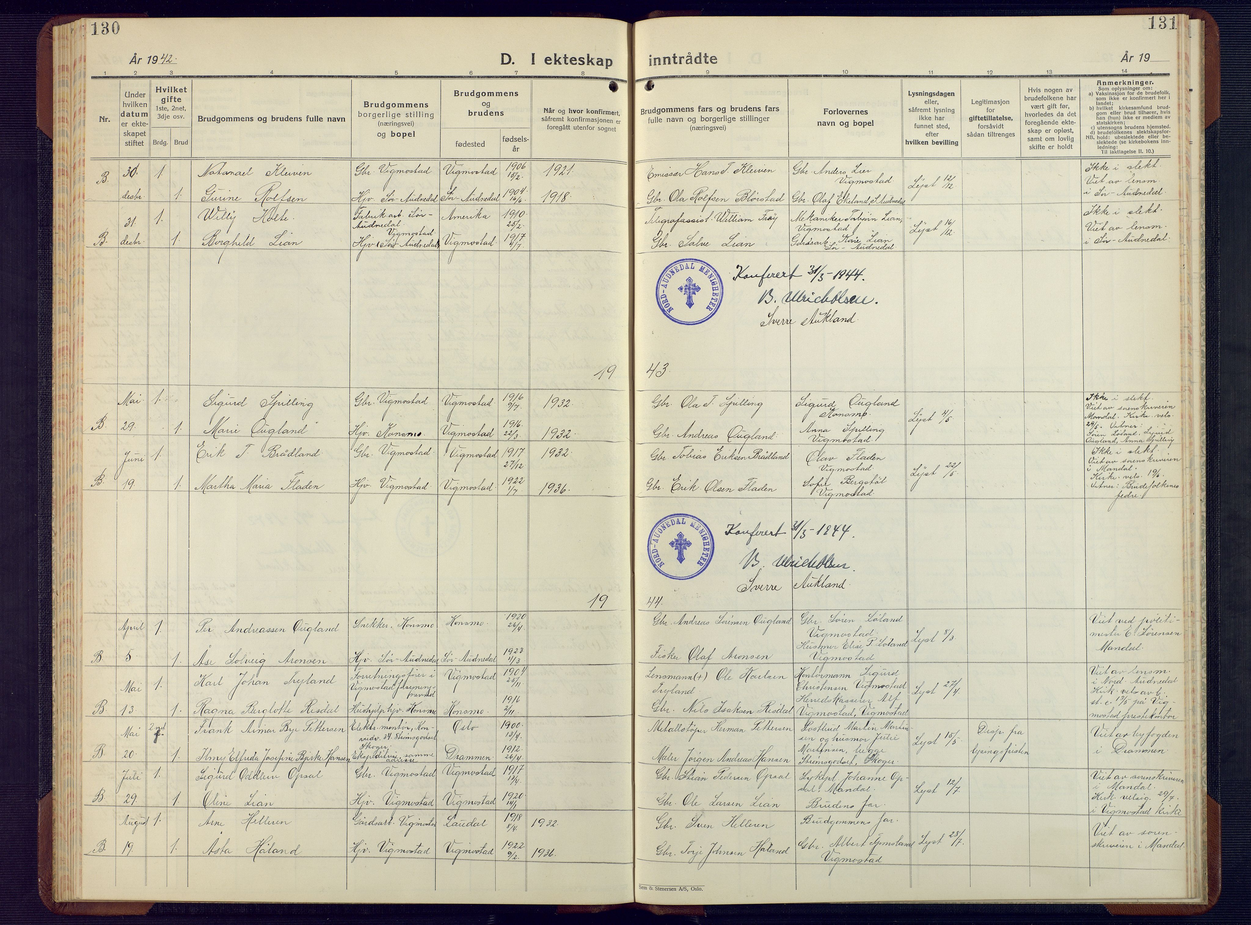 Nord-Audnedal sokneprestkontor, AV/SAK-1111-0032/F/Fb/Fbb/L0006: Parish register (copy) no. B 6, 1930-1948, p. 130-131