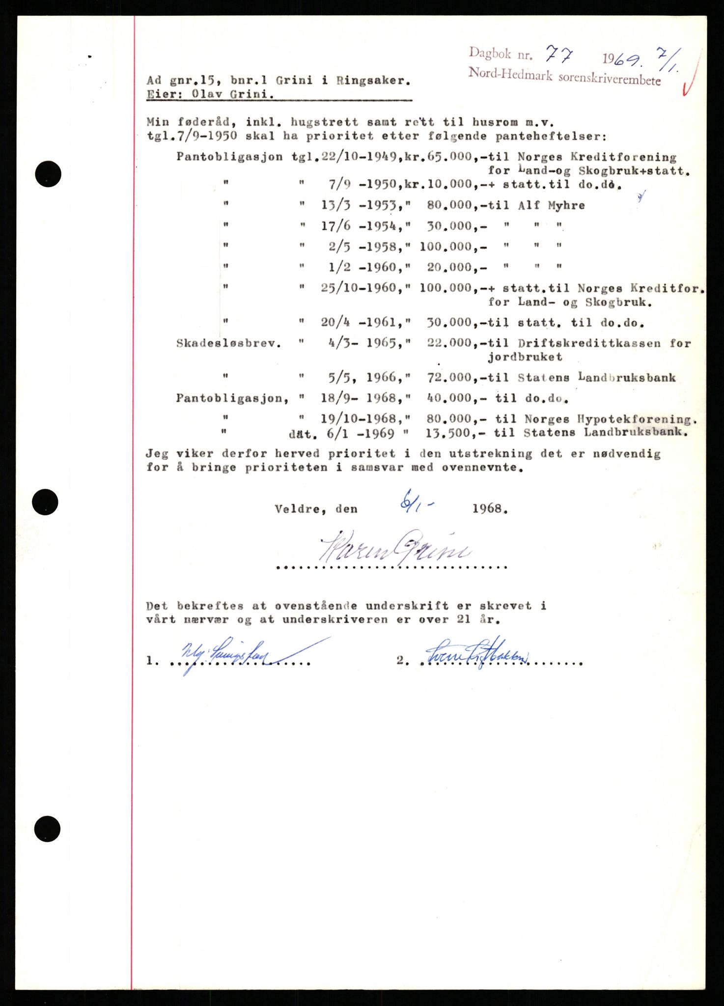 Nord-Hedmark sorenskriveri, SAH/TING-012/H/Hb/Hbf/L0077: Mortgage book no. B77, 1968-1969, Diary no: : 77/1969