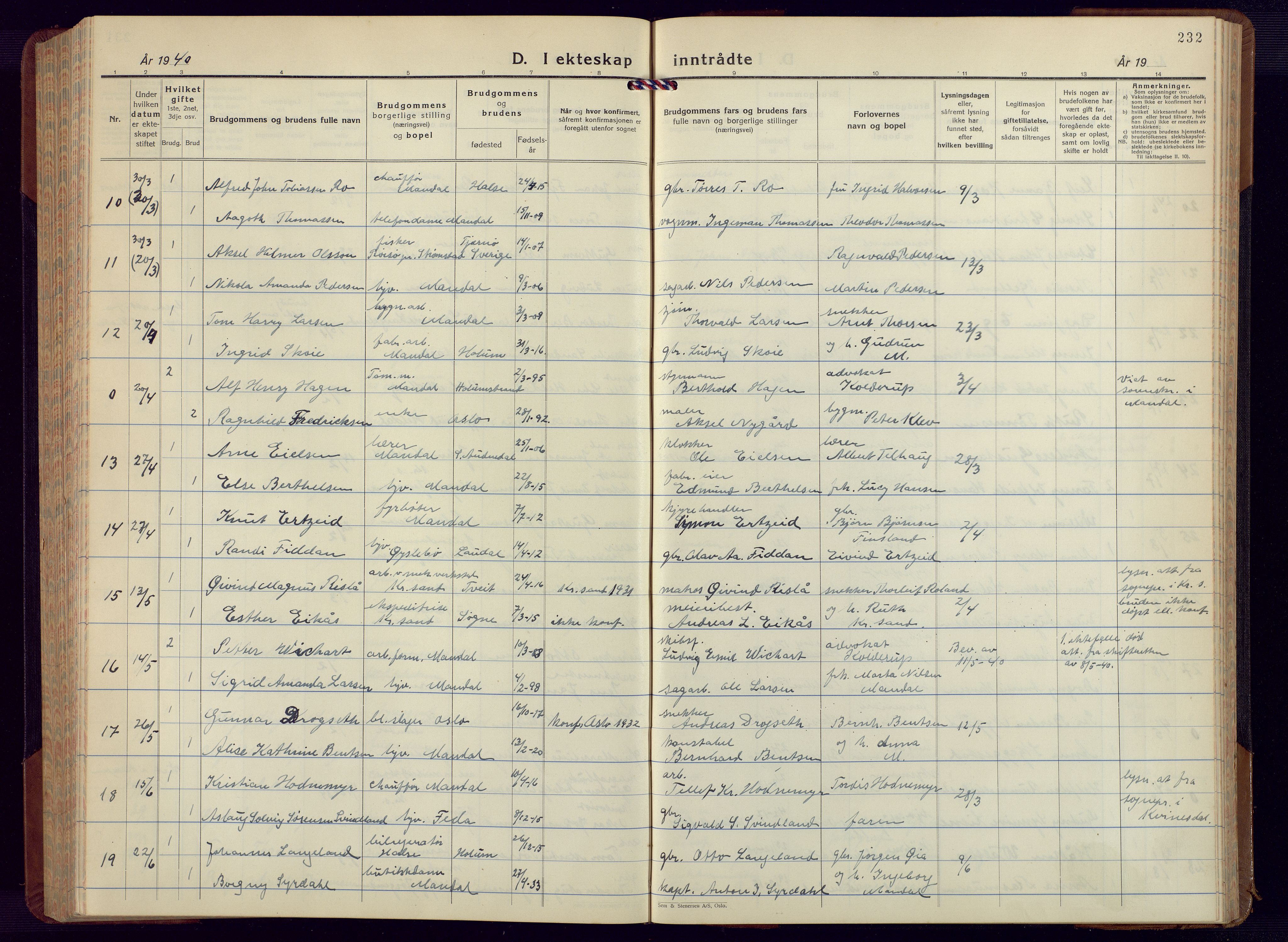 Mandal sokneprestkontor, AV/SAK-1111-0030/F/Fb/Fbc/L0002: Parish register (copy) no. B 2, 1931-1949, p. 232