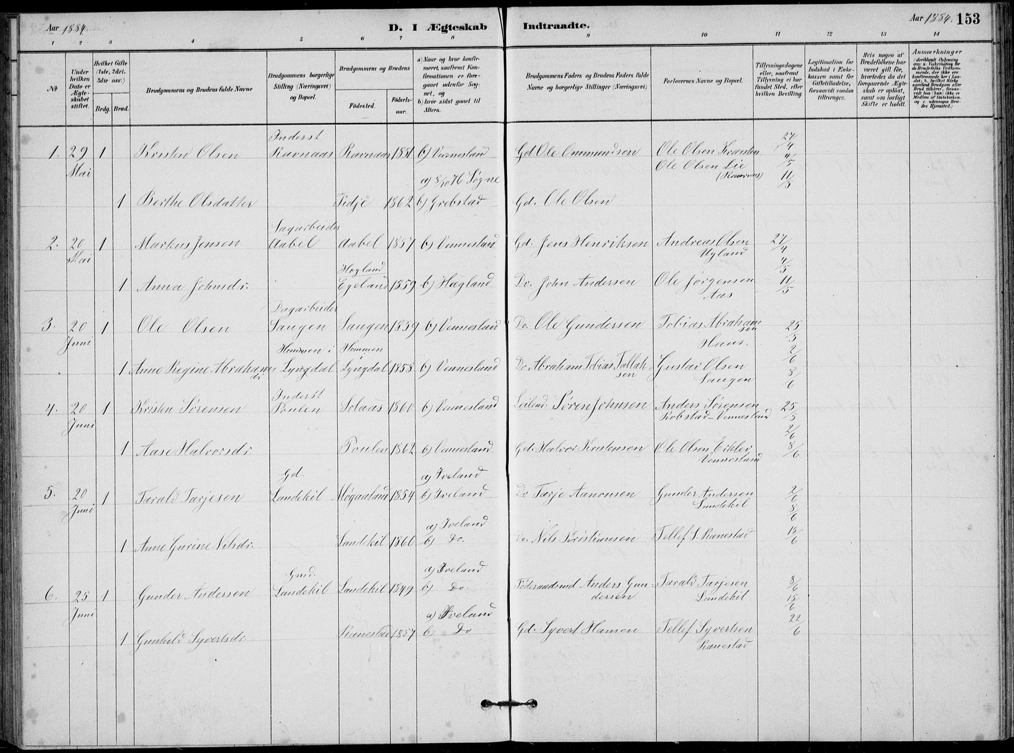 Vennesla sokneprestkontor, SAK/1111-0045/Fb/Fbb/L0003: Parish register (copy) no. B 3, 1879-1893, p. 153