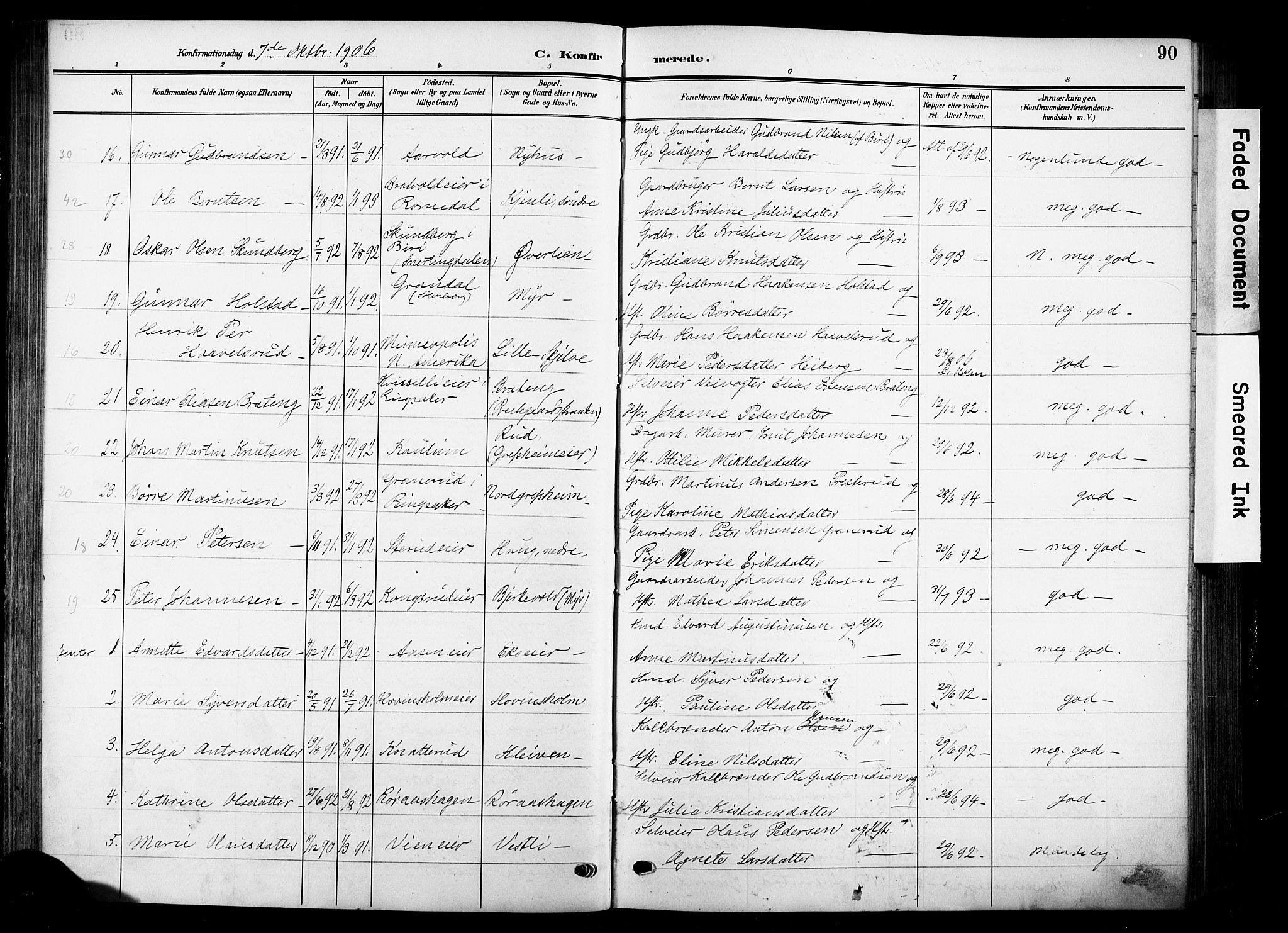 Nes prestekontor, Hedmark, SAH/PREST-020/K/Ka/L0014: Parish register (official) no. 14, 1906-1929, p. 90