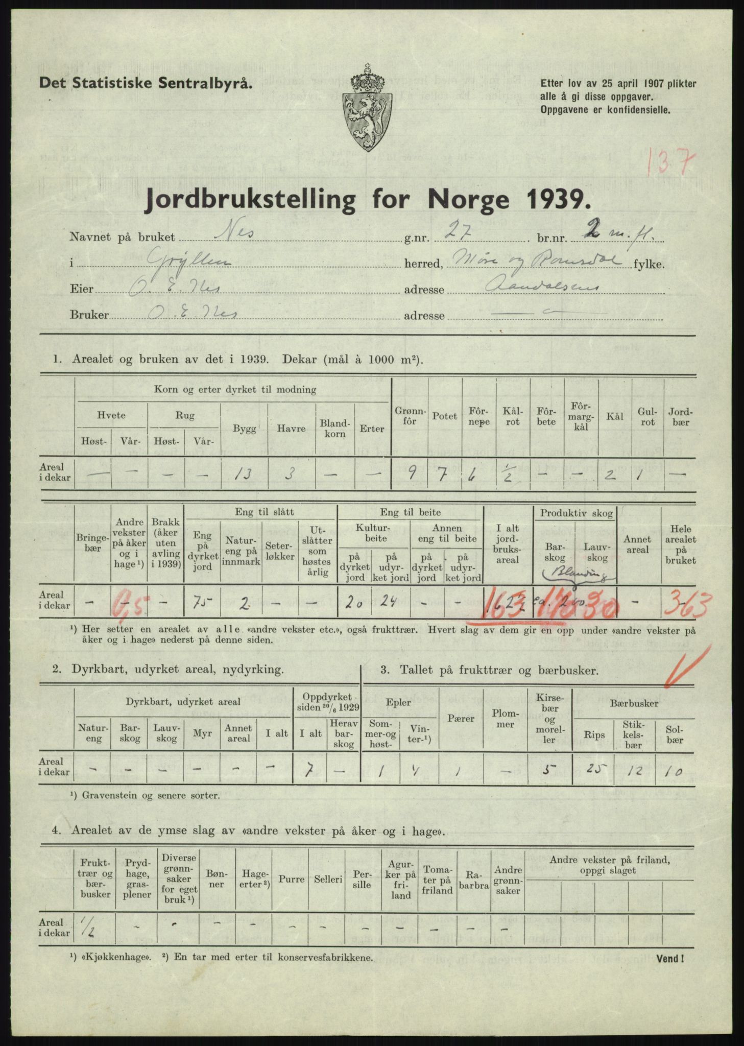 Statistisk sentralbyrå, Næringsøkonomiske emner, Jordbruk, skogbruk, jakt, fiske og fangst, AV/RA-S-2234/G/Gb/L0251: Møre og Romsdal: Voll, Eid, Grytten og Hen, 1939, p. 883