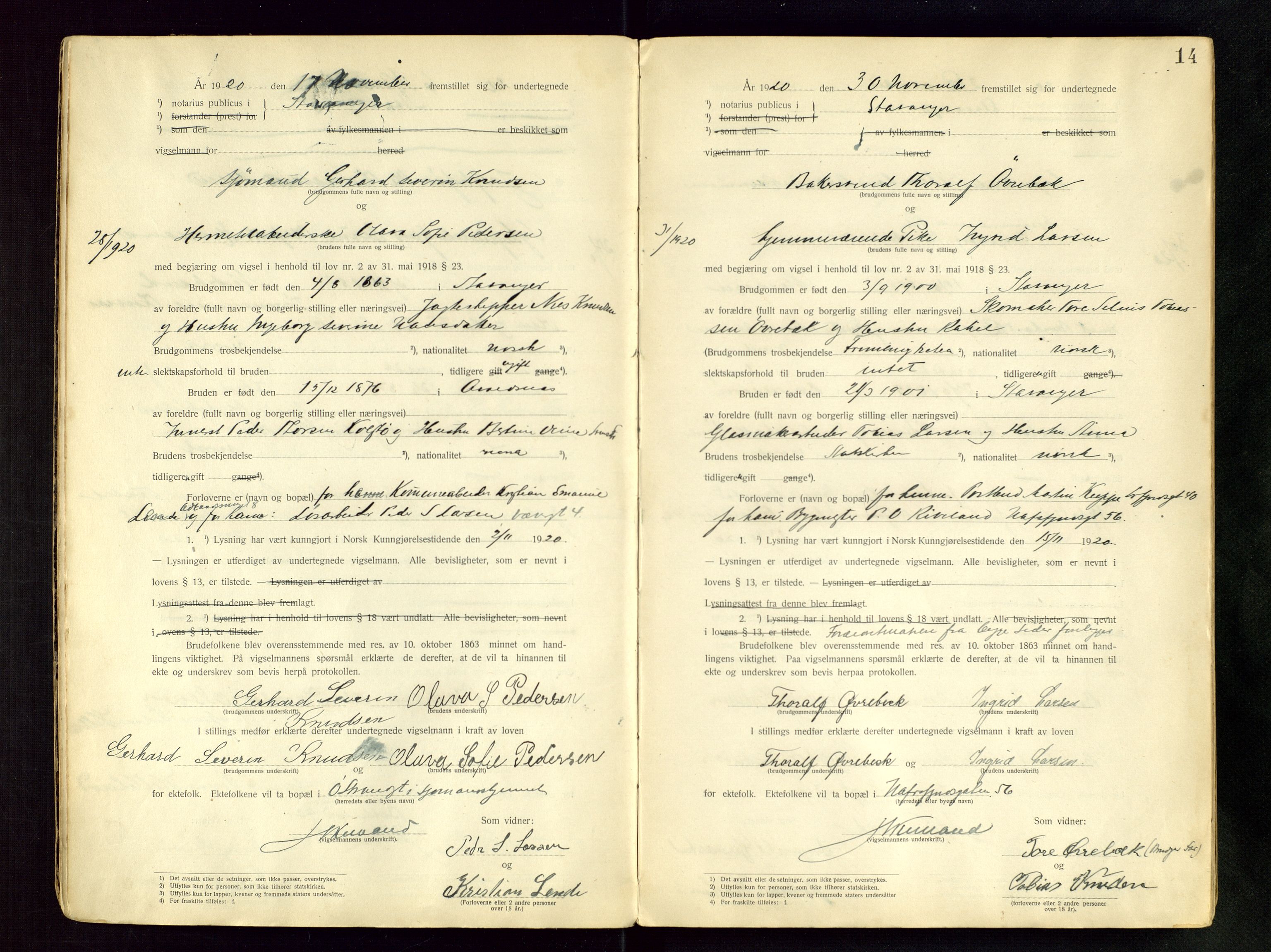 Stavanger byfogd, AV/SAST-A-101408/001/6/62/62BB/L0001: Vigselsprotokoll, 1920-1926, p. 14