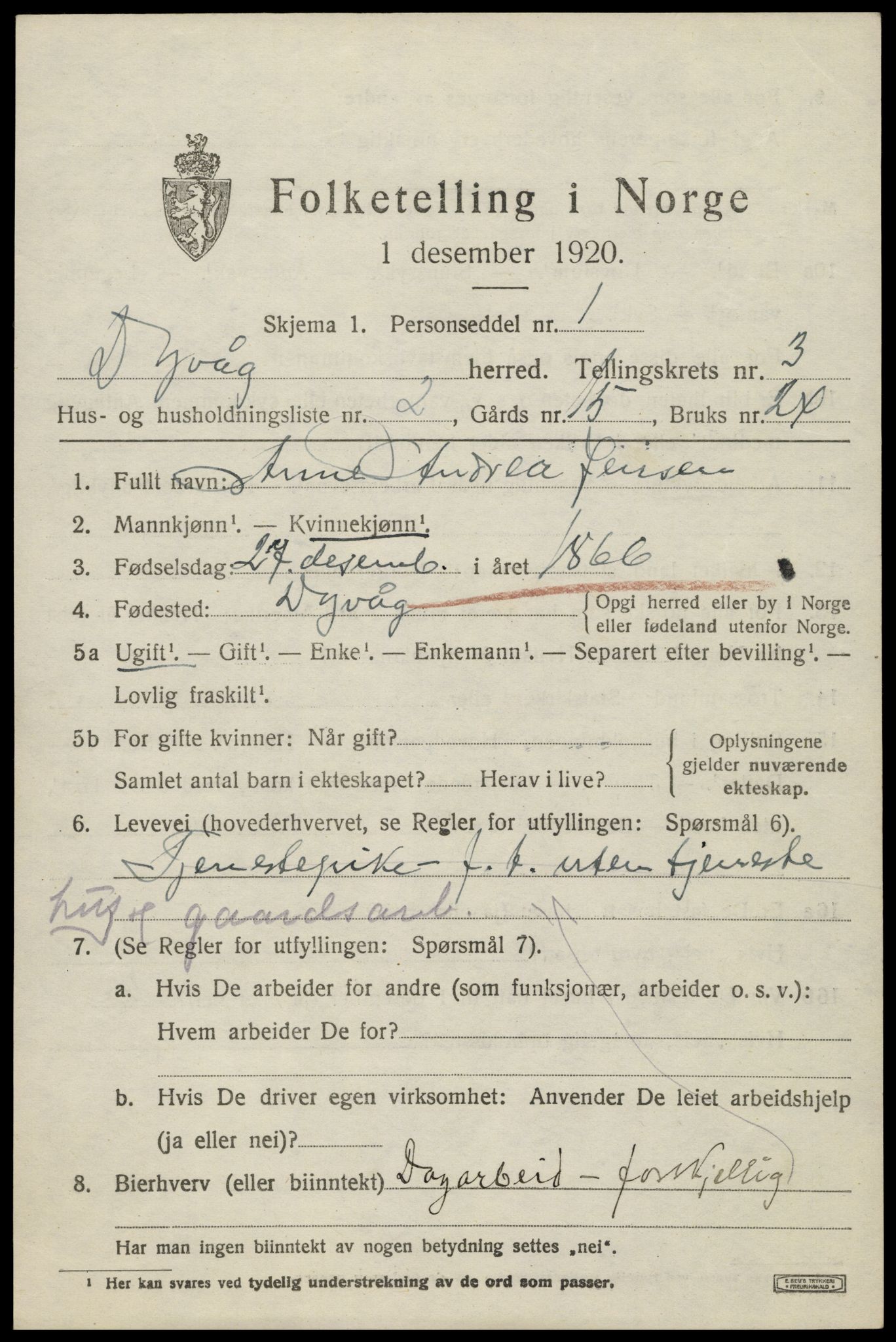 SAK, 1920 census for Dypvåg, 1920, p. 2301