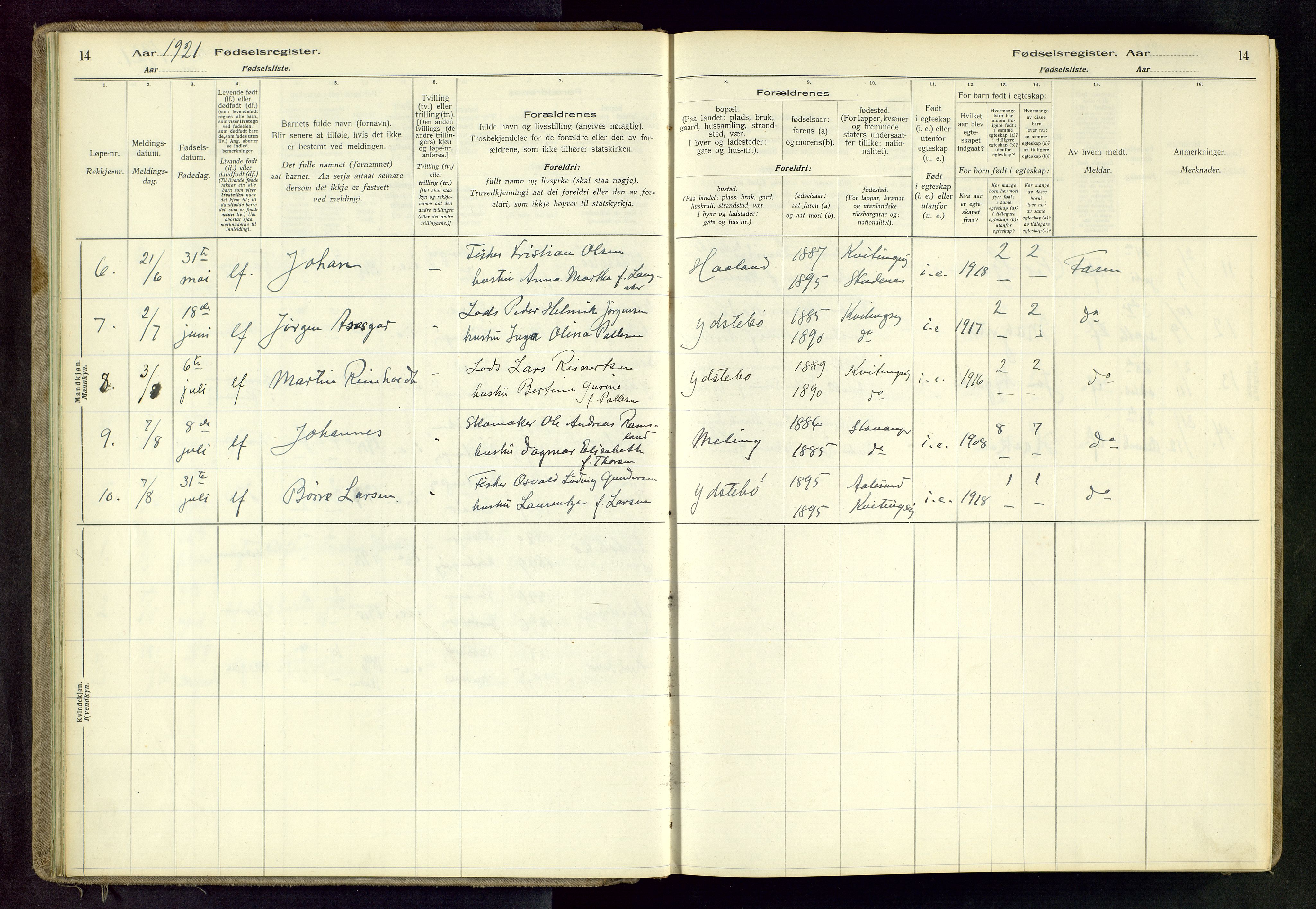 Randaberg sokneprestkontor, SAST/A-101798/001/A/L0004: Birth register no. 4, 1916-1982, p. 14