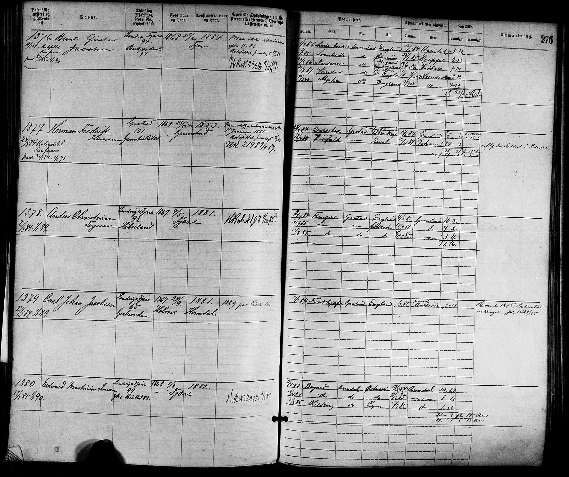 Grimstad mønstringskrets, SAK/2031-0013/F/Fa/L0001: Annotasjonsrulle nr 1-1920 med register, F-1, 1870-1892, p. 308