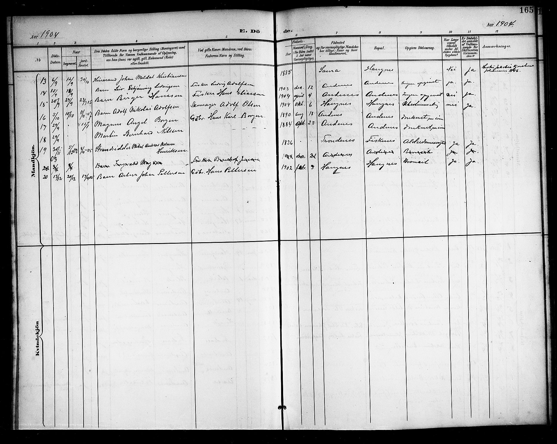 Ministerialprotokoller, klokkerbøker og fødselsregistre - Nordland, AV/SAT-A-1459/899/L1449: Parish register (copy) no. 899C04, 1900-1918, p. 165