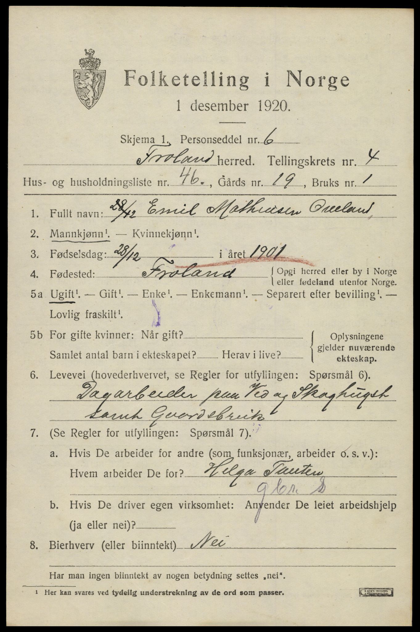 SAK, 1920 census for Froland, 1920, p. 3611