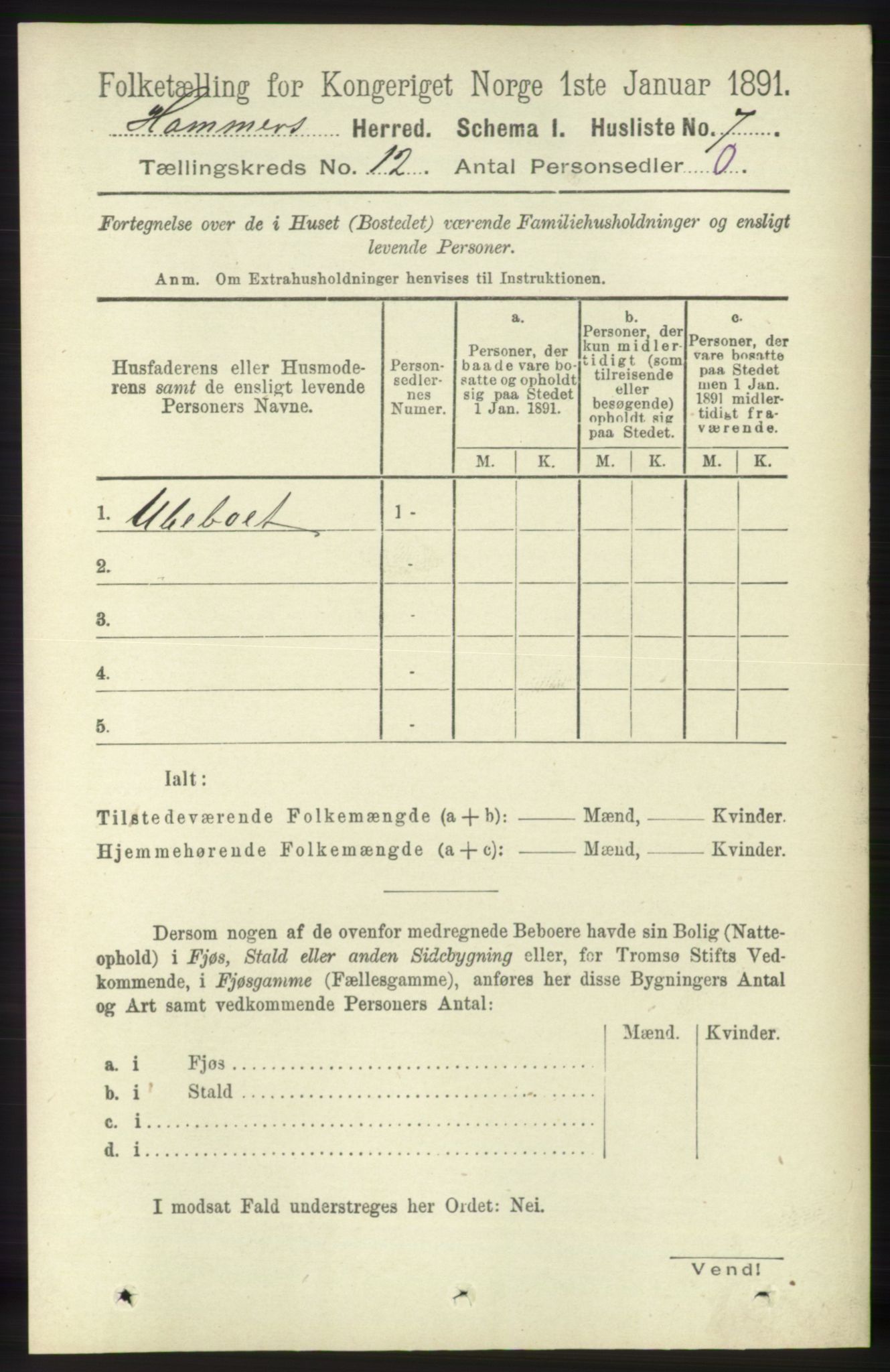 RA, 1891 census for 1254 Hamre, 1891, p. 3415