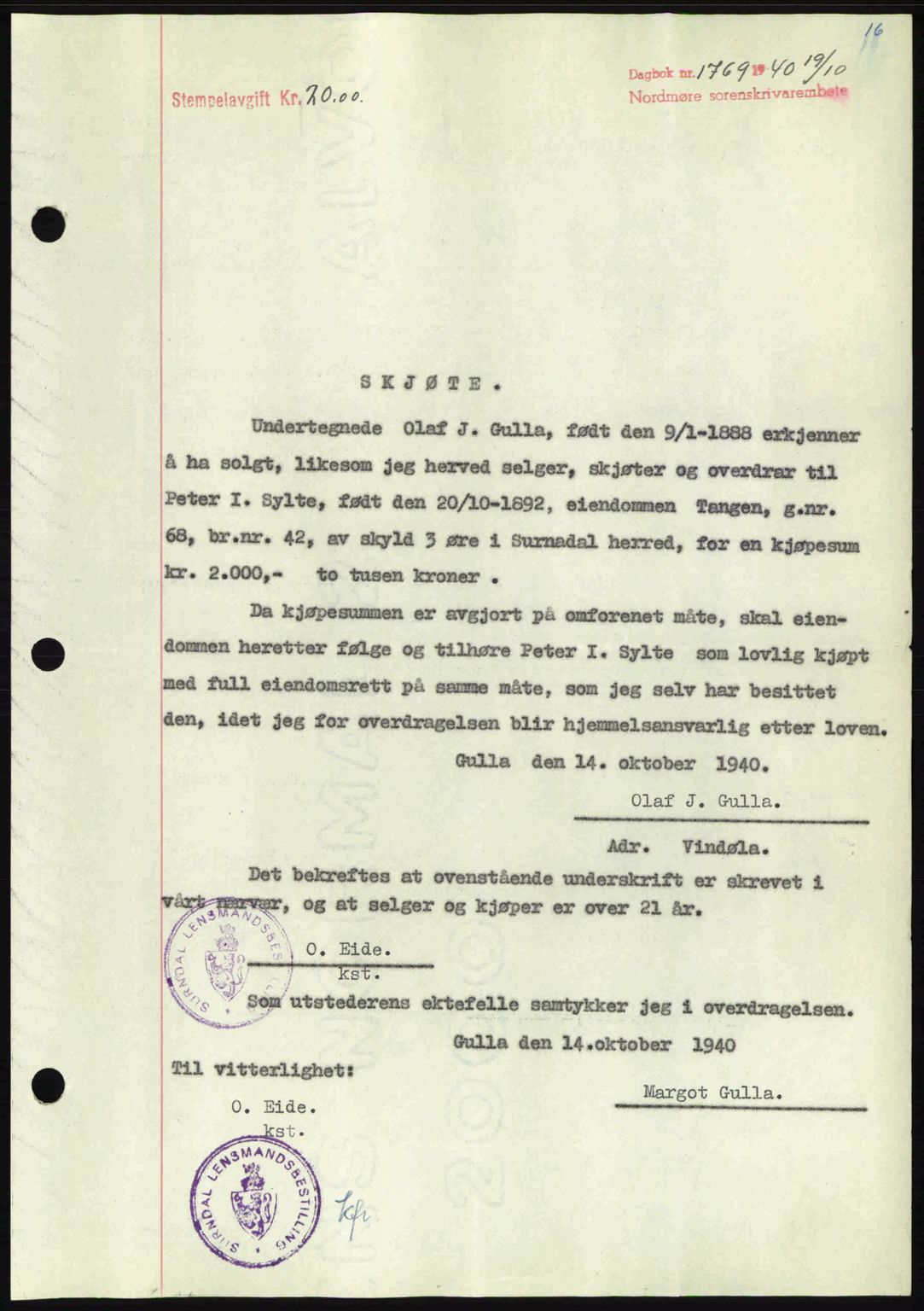 Nordmøre sorenskriveri, SAT/A-4132/1/2/2Ca: Mortgage book no. A89, 1940-1941, Diary no: : 1769/1940