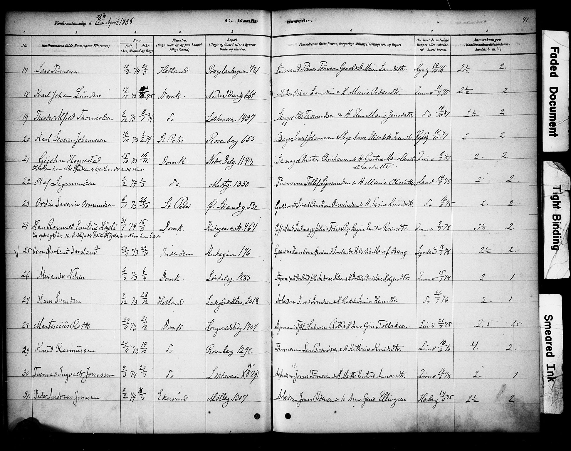 Domkirken sokneprestkontor, AV/SAST-A-101812/001/30/30BA/L0028: Parish register (official) no. A 27, 1878-1896, p. 91