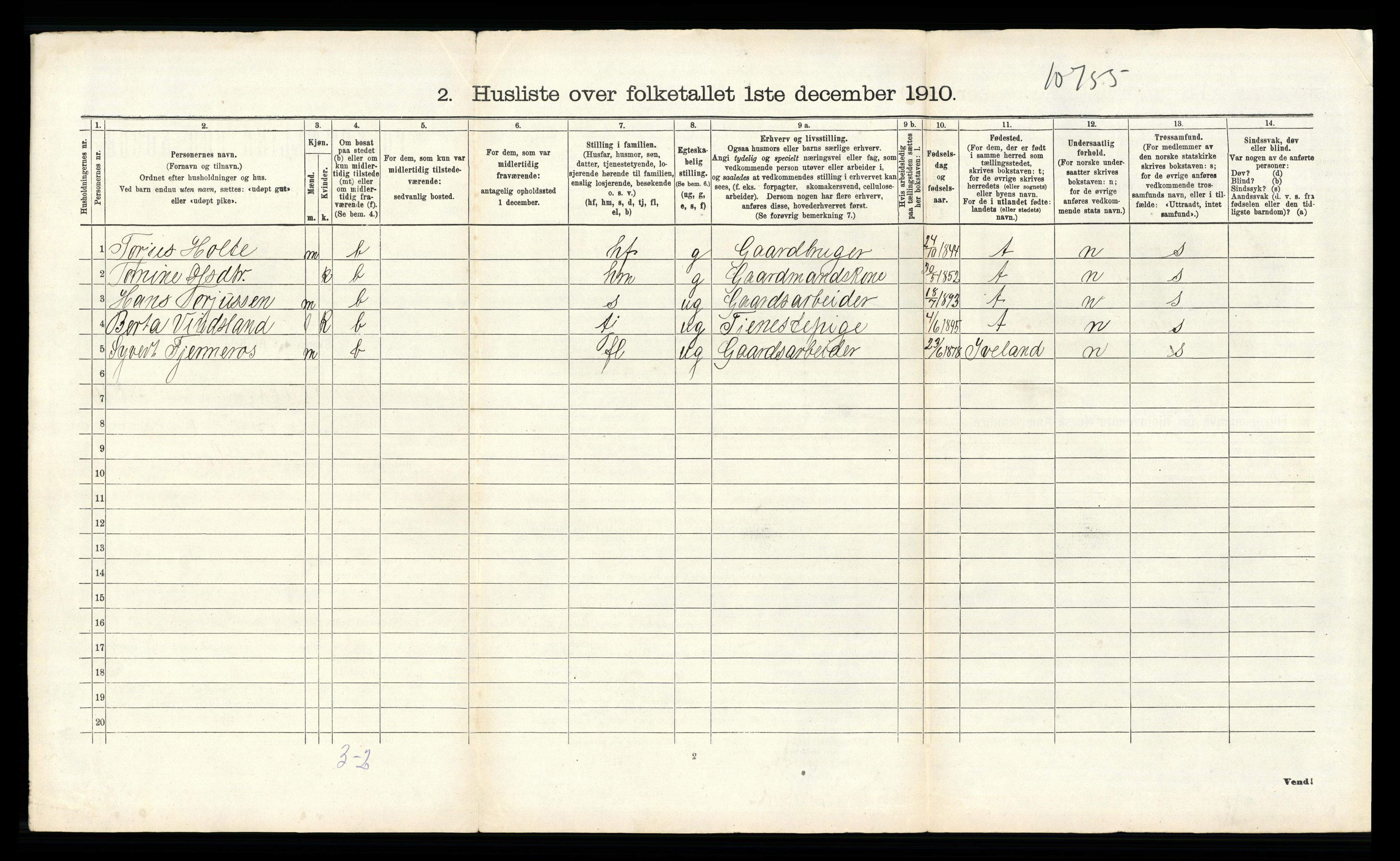 RA, 1910 census for Birkenes, 1910, p. 739