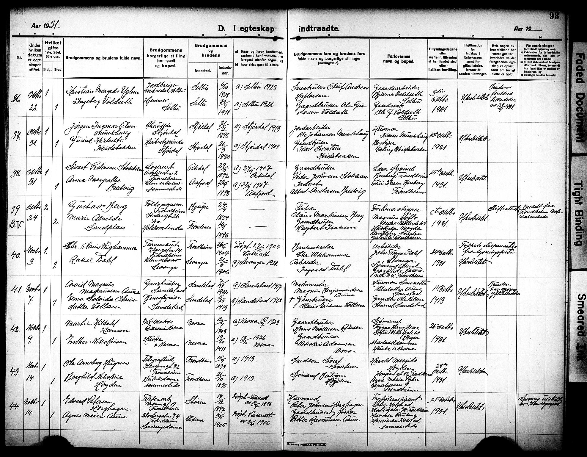 Ministerialprotokoller, klokkerbøker og fødselsregistre - Sør-Trøndelag, AV/SAT-A-1456/602/L0149: Parish register (copy) no. 602C17, 1919-1932, p. 93