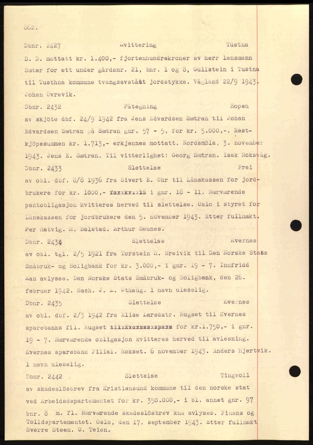 Nordmøre sorenskriveri, AV/SAT-A-4132/1/2/2Ca: Mortgage book no. C81, 1940-1945, Diary no: : 2427/1943