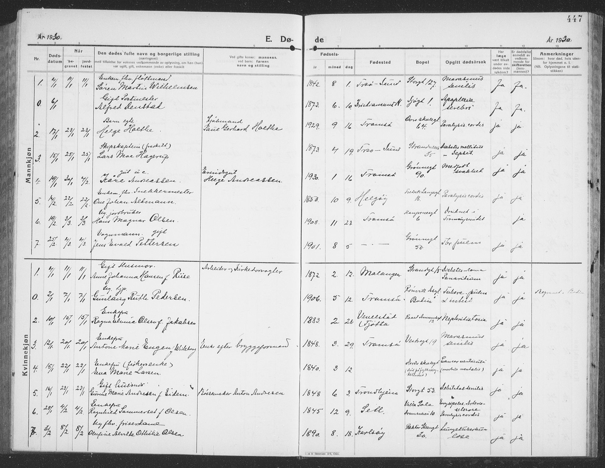 Tromsø sokneprestkontor/stiftsprosti/domprosti, AV/SATØ-S-1343/G/Gb/L0010klokker: Parish register (copy) no. 10, 1925-1937, p. 447