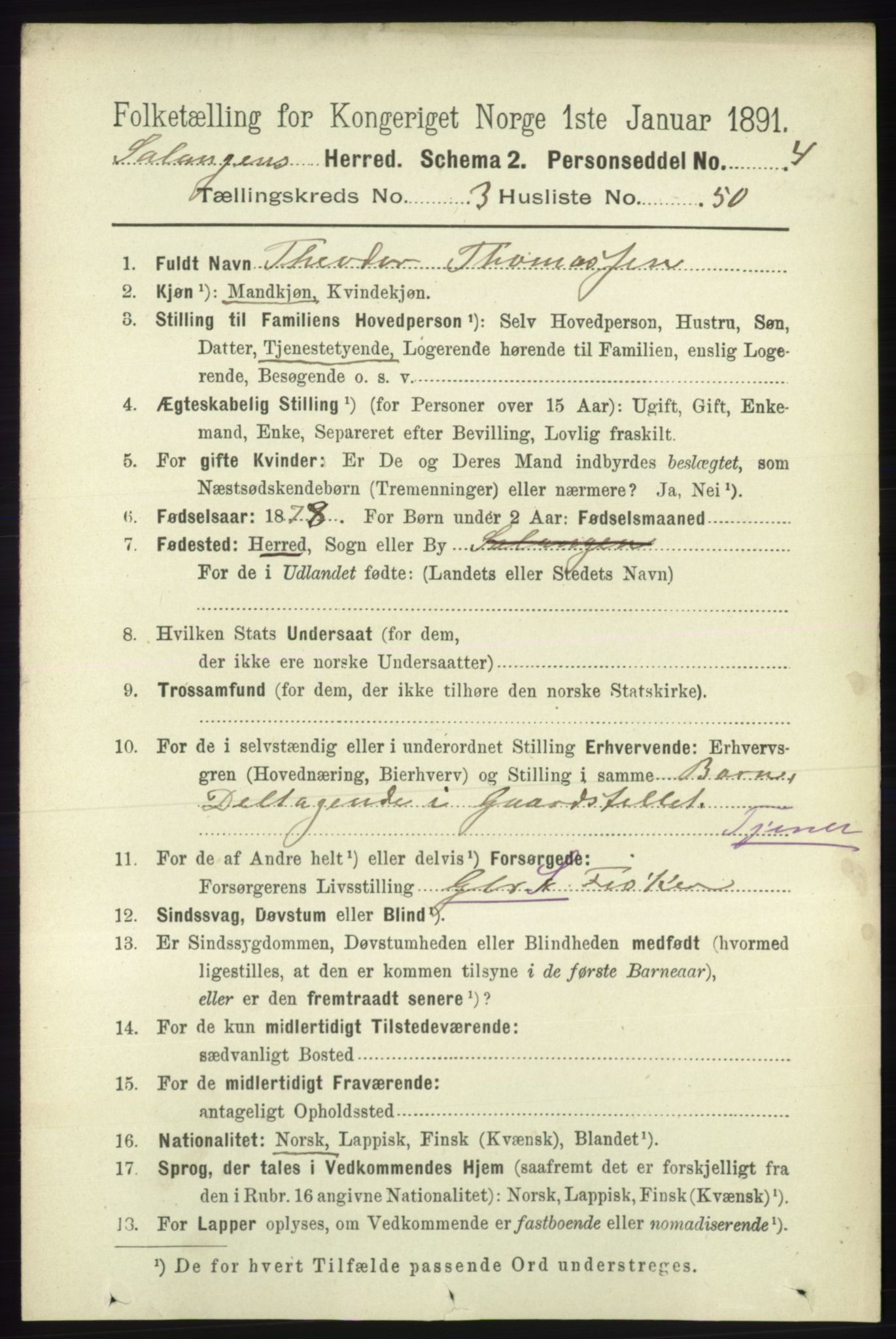 RA, 1891 census for 1921 Salangen, 1891, p. 1510