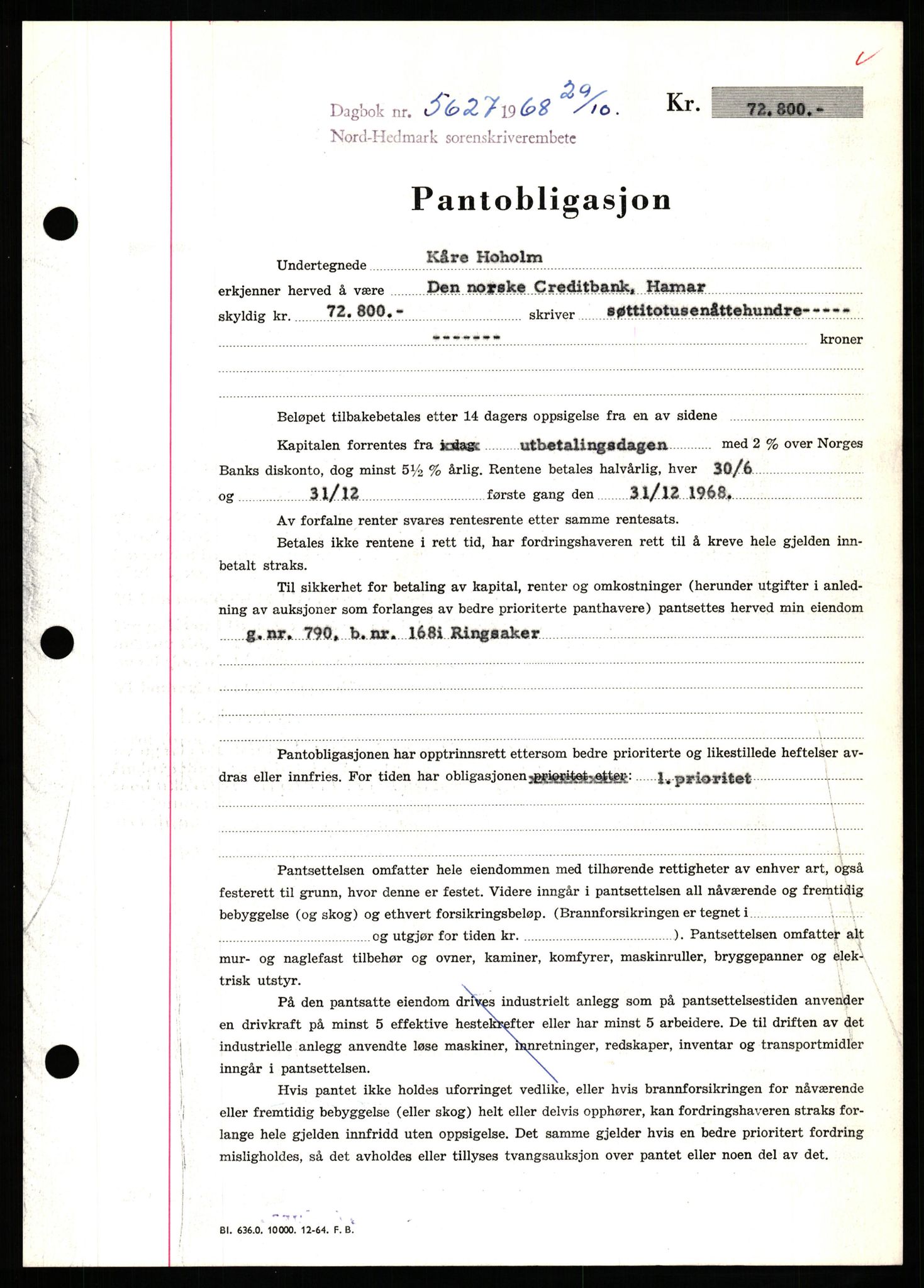 Nord-Hedmark sorenskriveri, SAH/TING-012/H/Hb/Hbf/L0077: Mortgage book no. B77, 1968-1969, Diary no: : 5627/1968