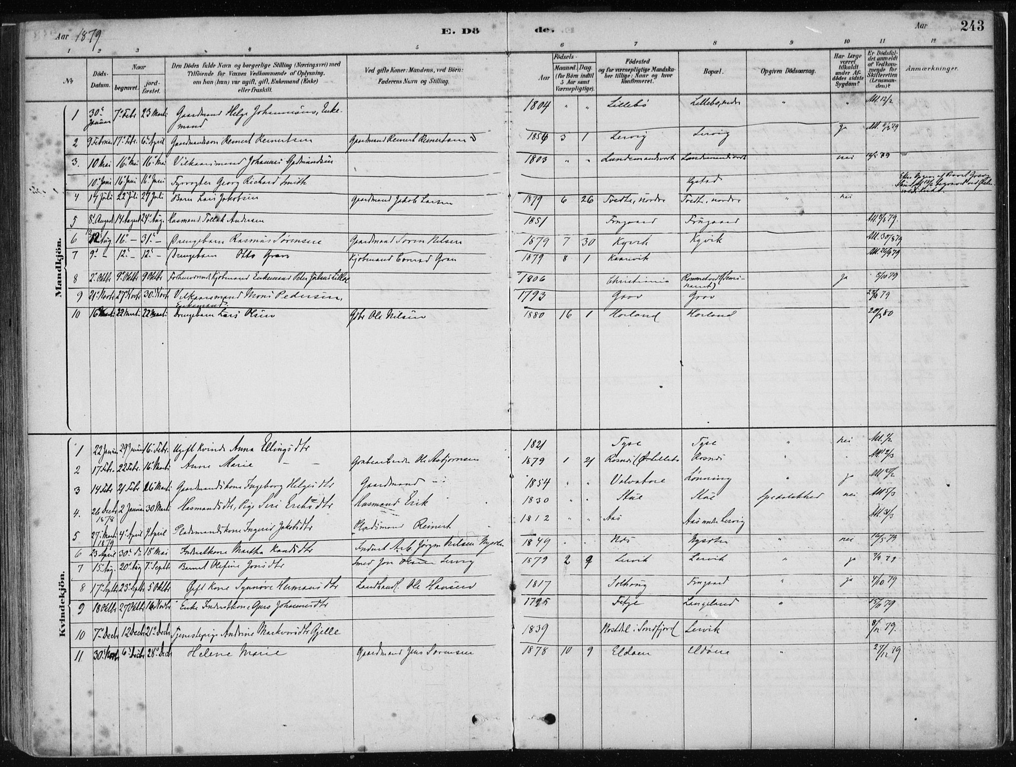 Stord sokneprestembete, SAB/A-78201/H/Haa: Parish register (official) no. B 2, 1878-1913, p. 243