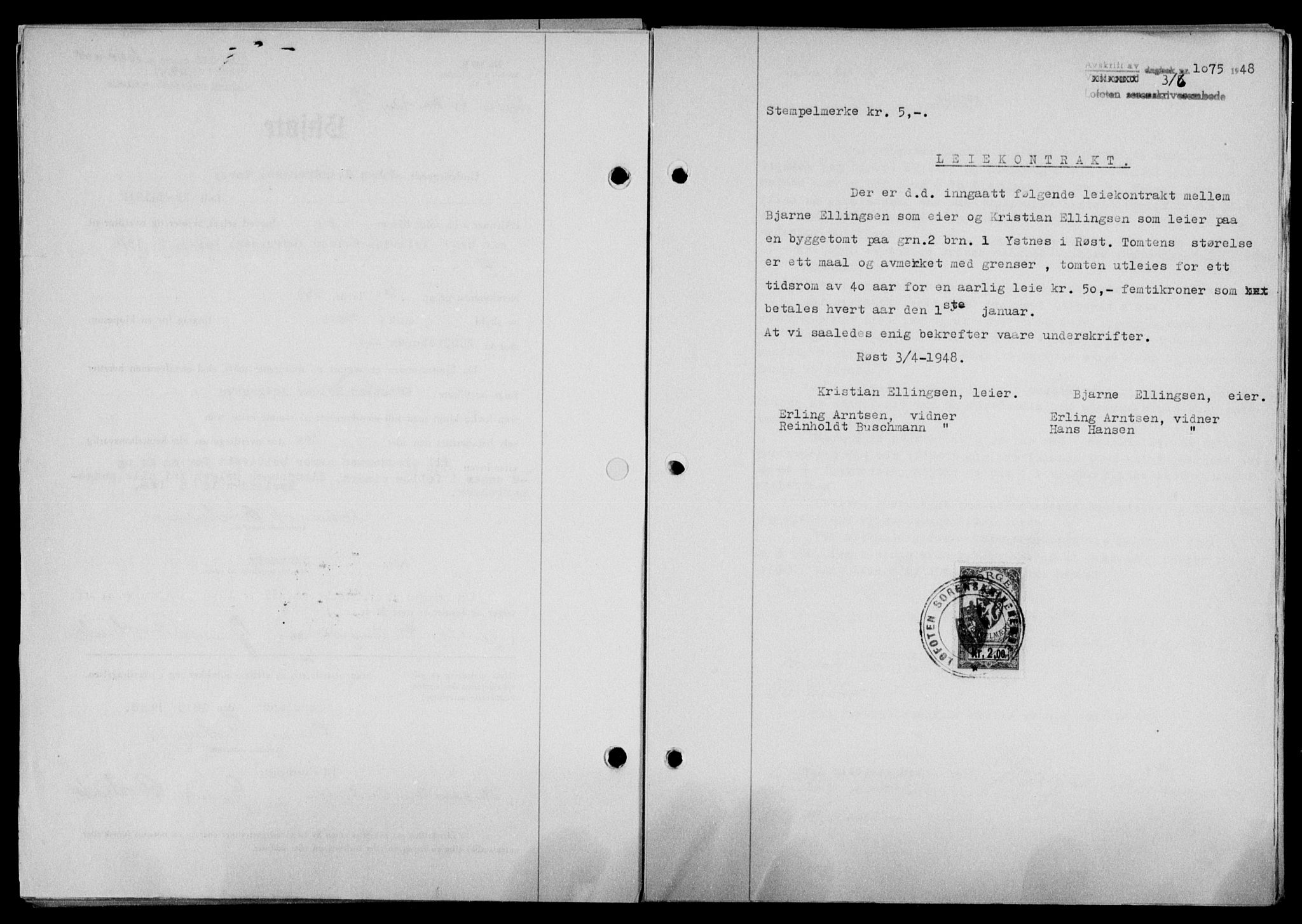 Lofoten sorenskriveri, SAT/A-0017/1/2/2C/L0018a: Mortgage book no. 18a, 1948-1948, Diary no: : 1075/1948