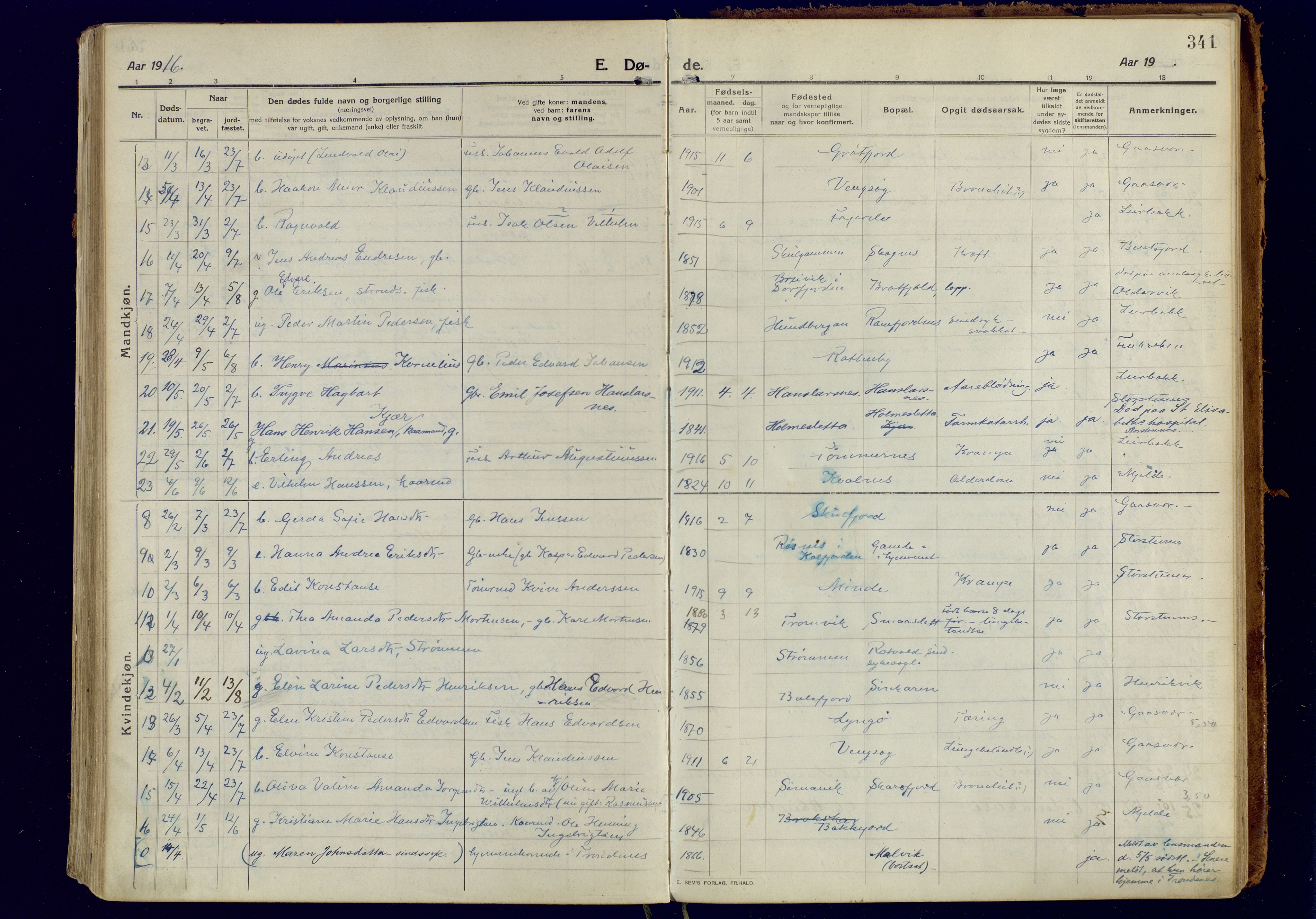 Tromsøysund sokneprestkontor, AV/SATØ-S-1304/G/Ga/L0008kirke: Parish register (official) no. 8, 1914-1922, p. 341